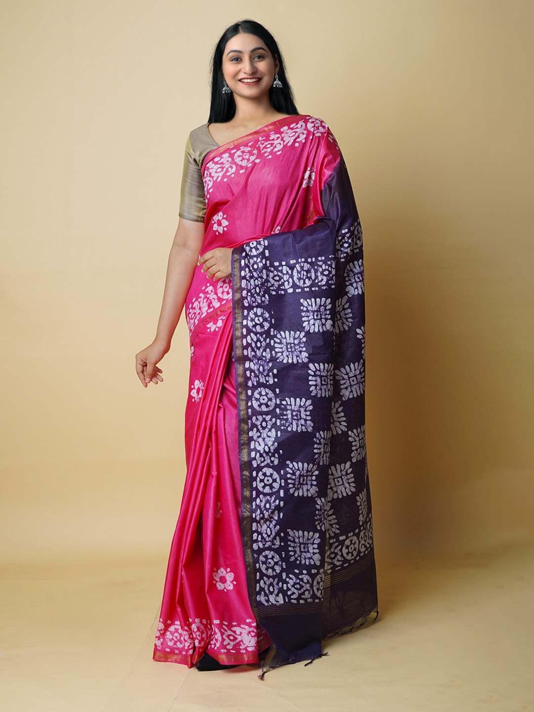 

Unnati Silks Batik Zari Silk Cotton Chanderi Saree, Pink