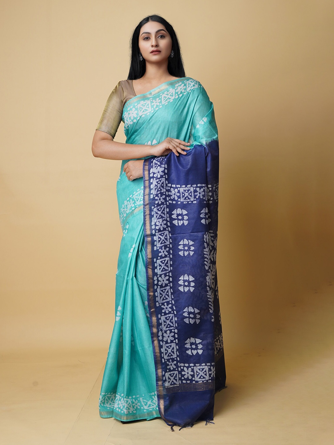 

Unnati Silks Batik Zari Silk Cotton Chanderi Saree, Green