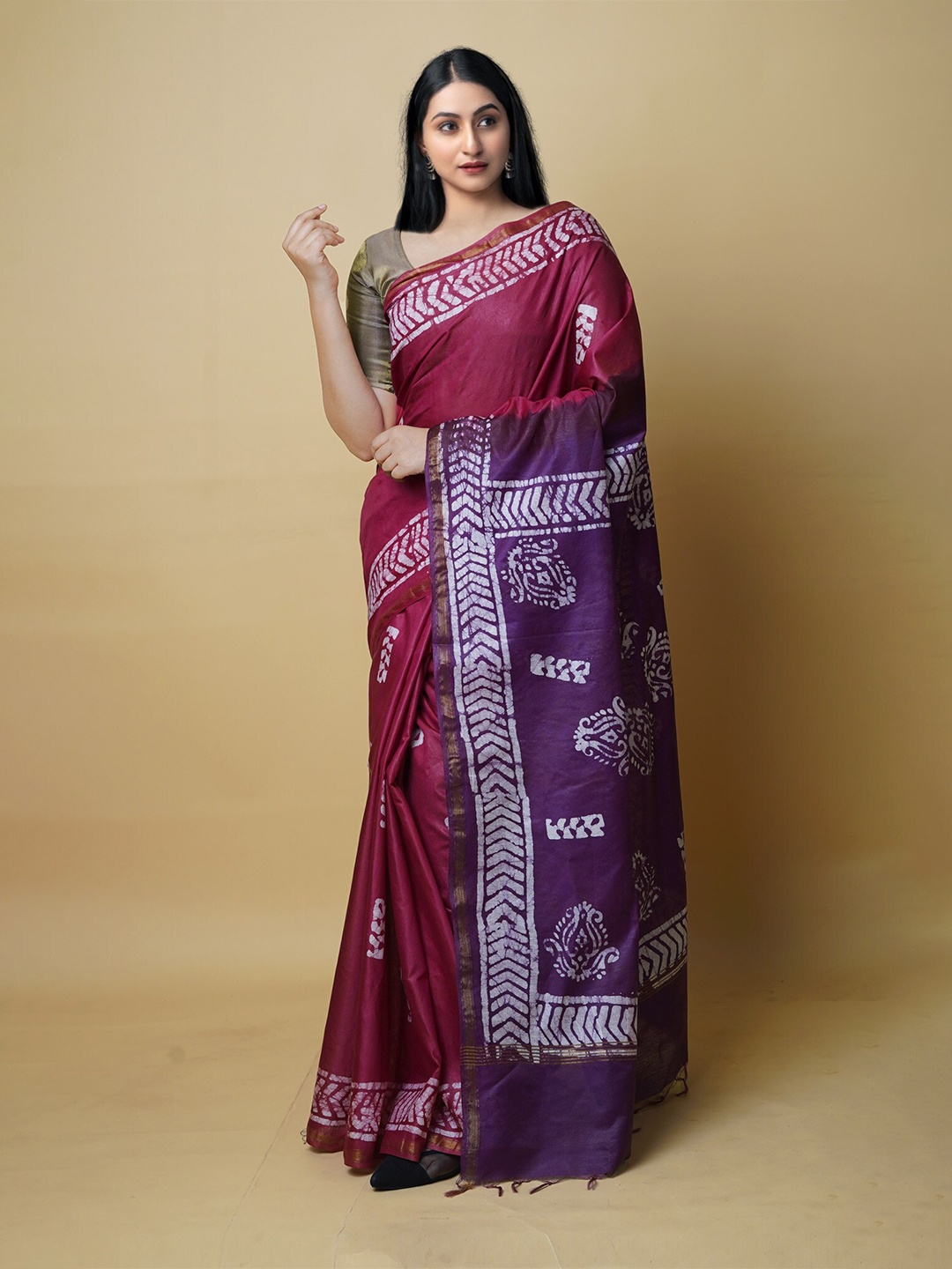 

Unnati Silks Batik Zari Silk Cotton Chanderi Saree, Maroon