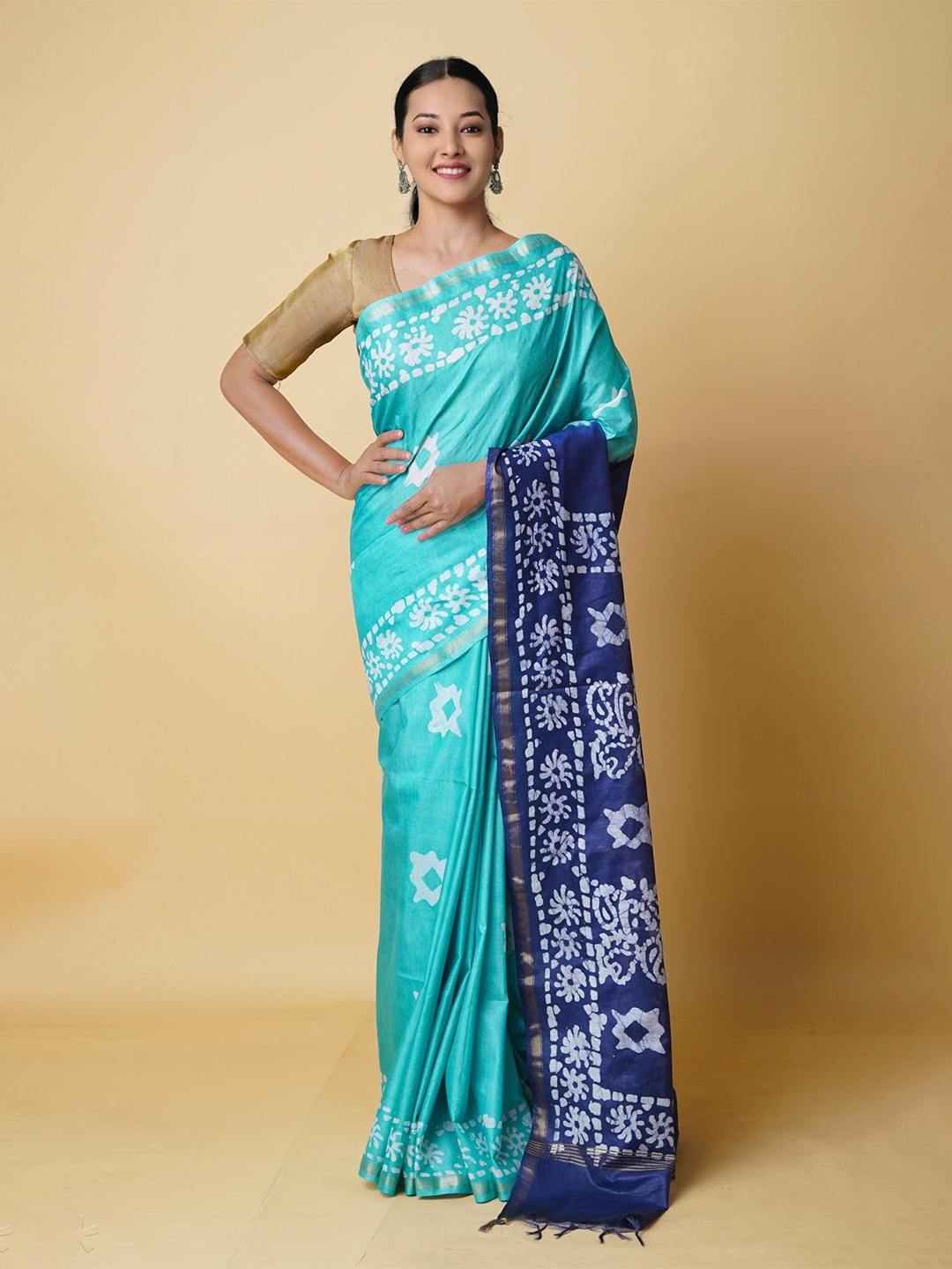 

Unnati Silks Batik Zari Silk Cotton Chanderi Saree, Green