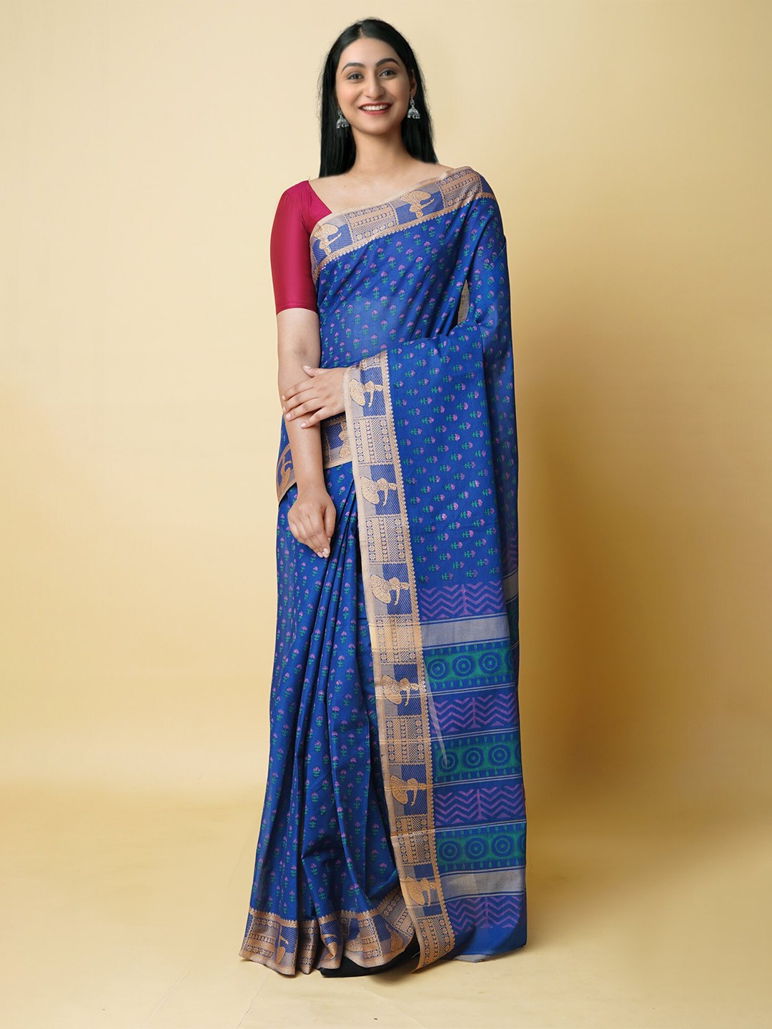 

Unnati Silks Ethnic Motifs Pure Cotton Handloom Chettinad Saree, Blue