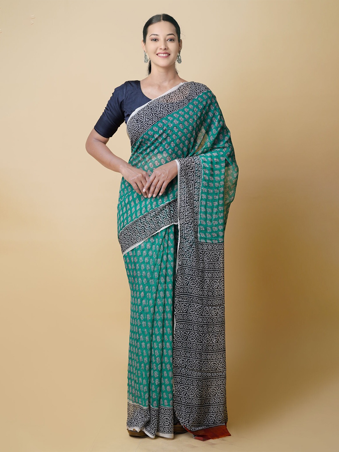 

Unnati Silks Ethnic Motifs Bagru Saree, Green
