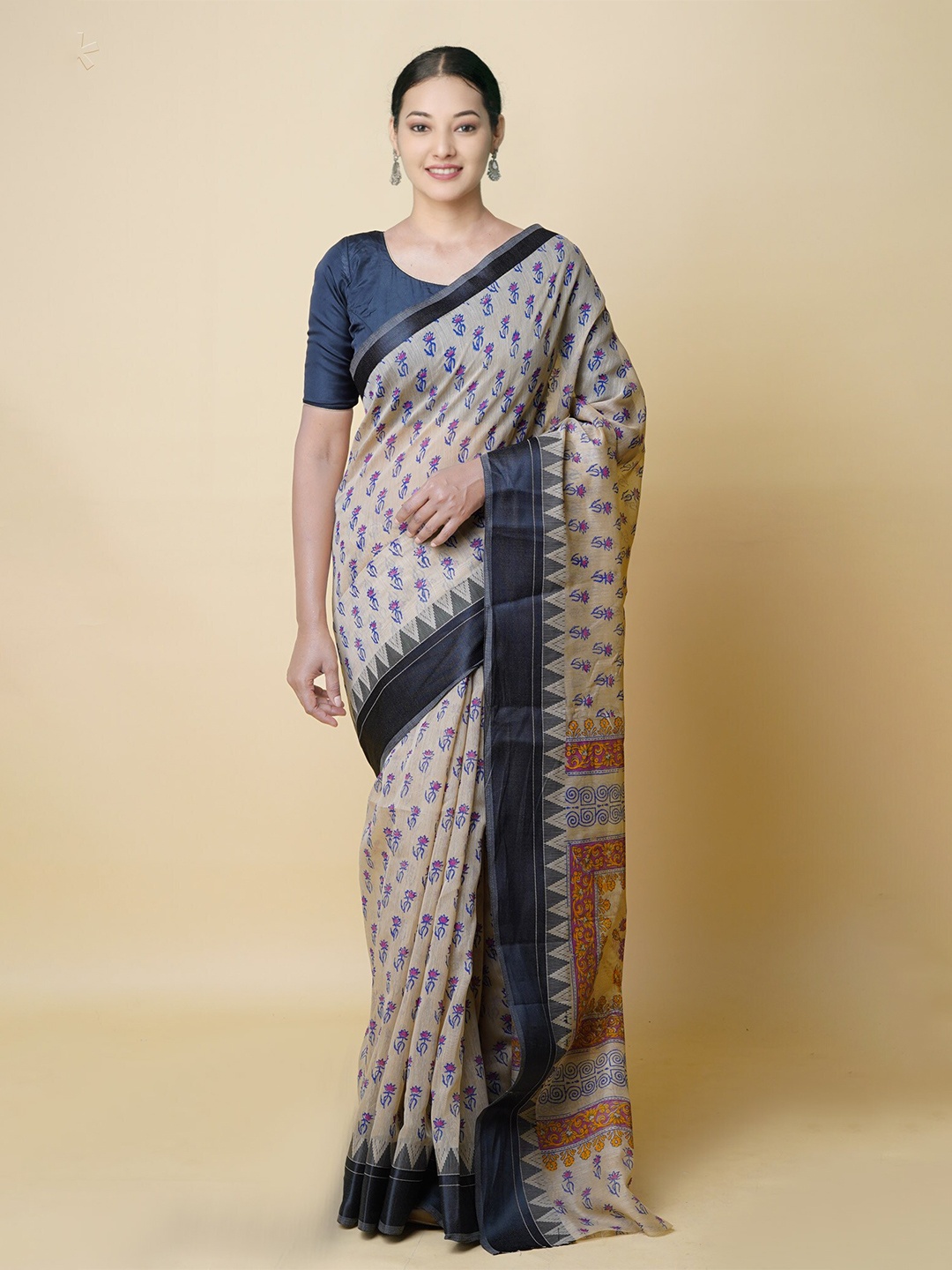 

Unnati Silks Ethnic Motifs Printed Silk Cotton Chanderi Saree, Cream