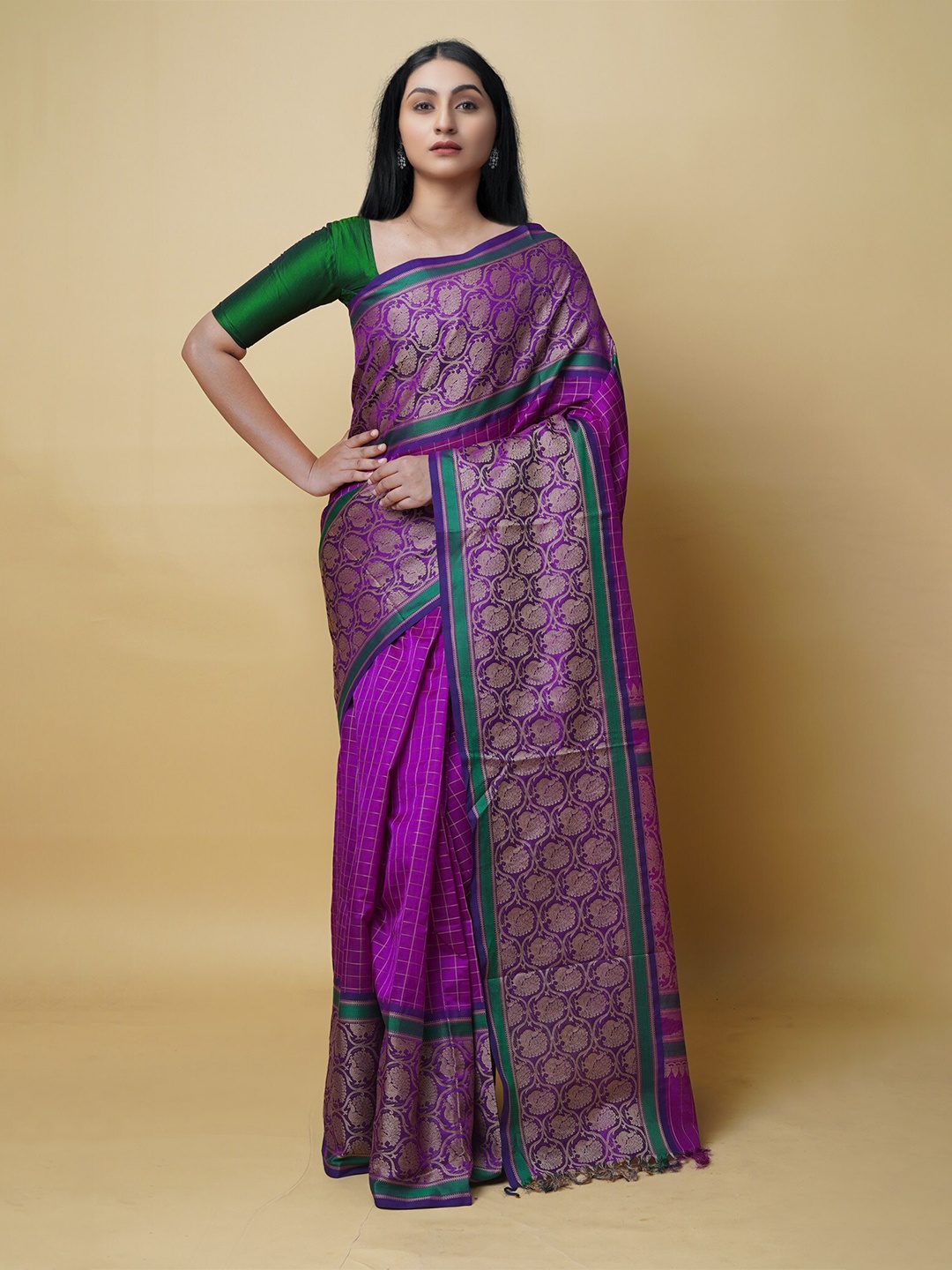 

Unnati Silks Ethnic Motifs Woven Design Silk Cotton Murshidabad Silk Saree, Purple