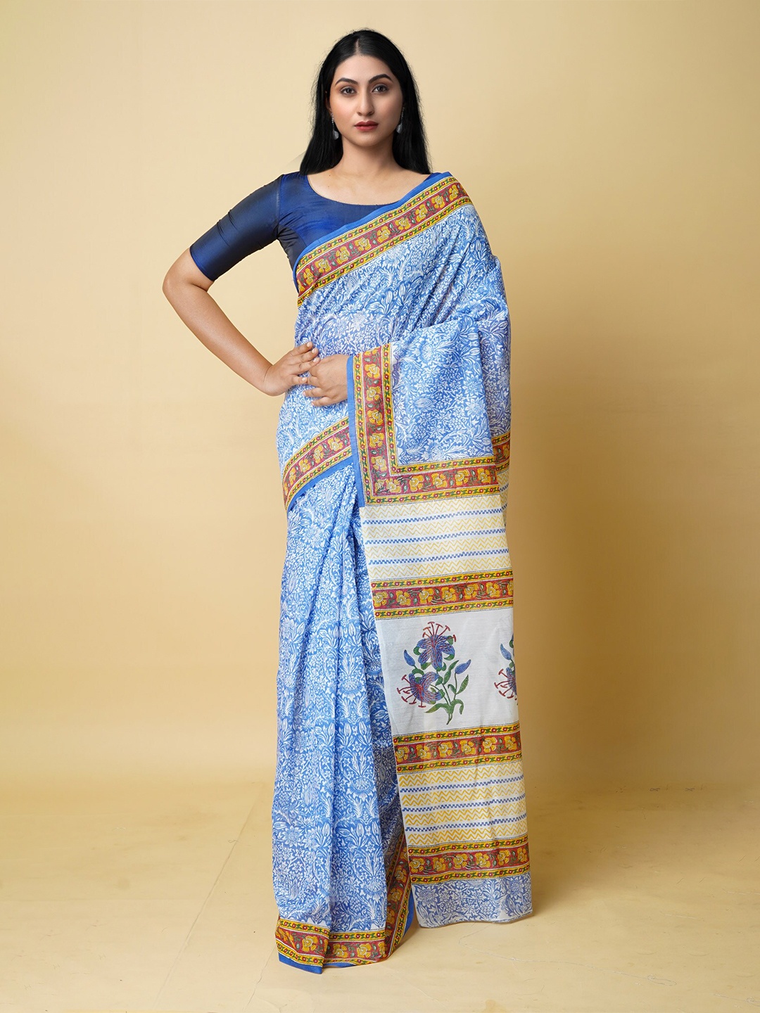 

Unnati Silks Ethnic Motifs Printed Pure Cotton Kasavu Saree, Blue