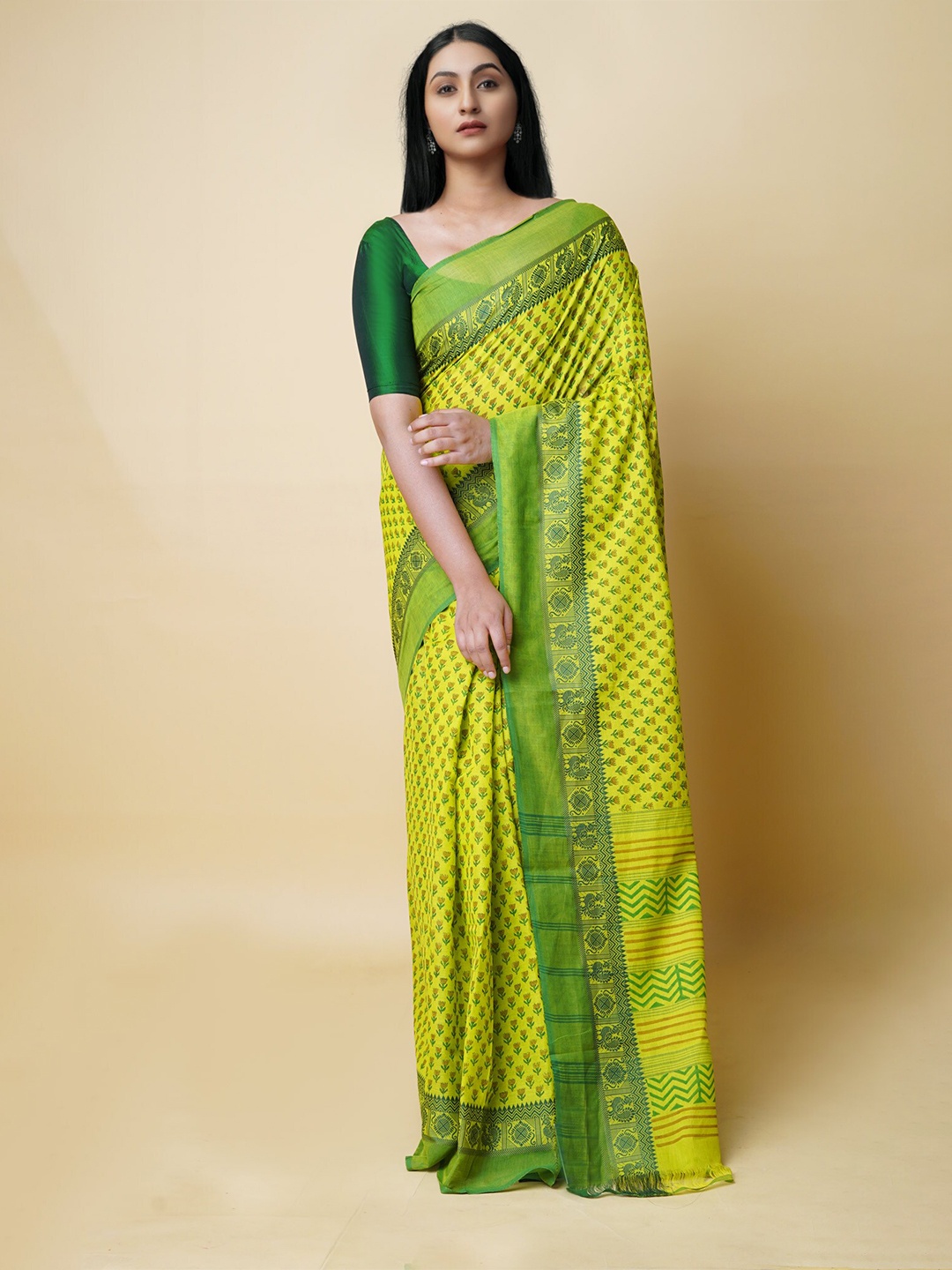 

Unnati Silks Ethnic Motifs Pure Cotton Handloom Chettinad Saree, Green