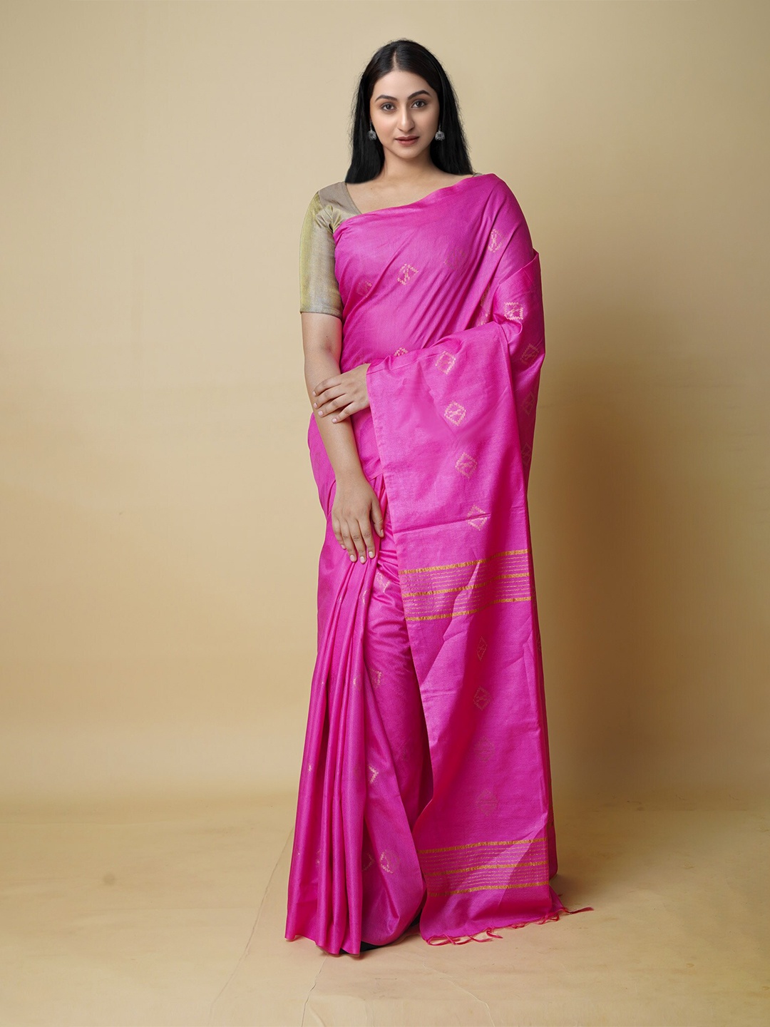 

Unnati Silks Ethnic Motifs Woven Design Zari Silk Cotton Chanderi Saree, Pink