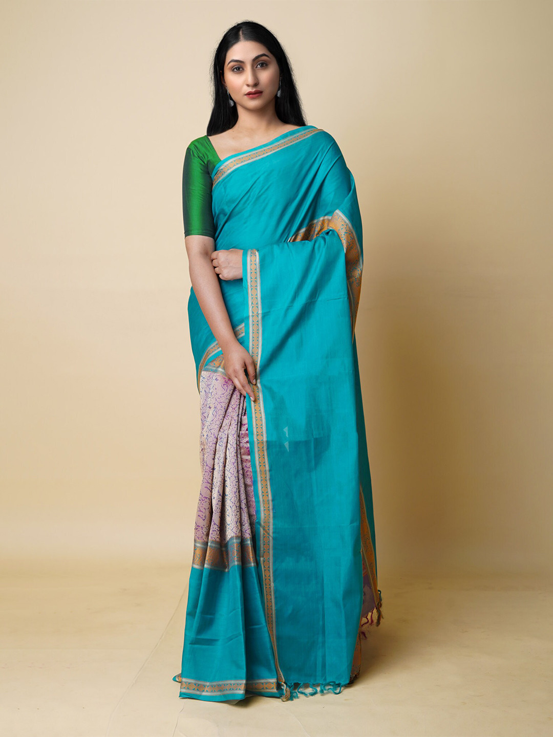 

Unnati Silks Woven Design Zari Silk Cotton Murshidabad Silk Handloom Saree, Green