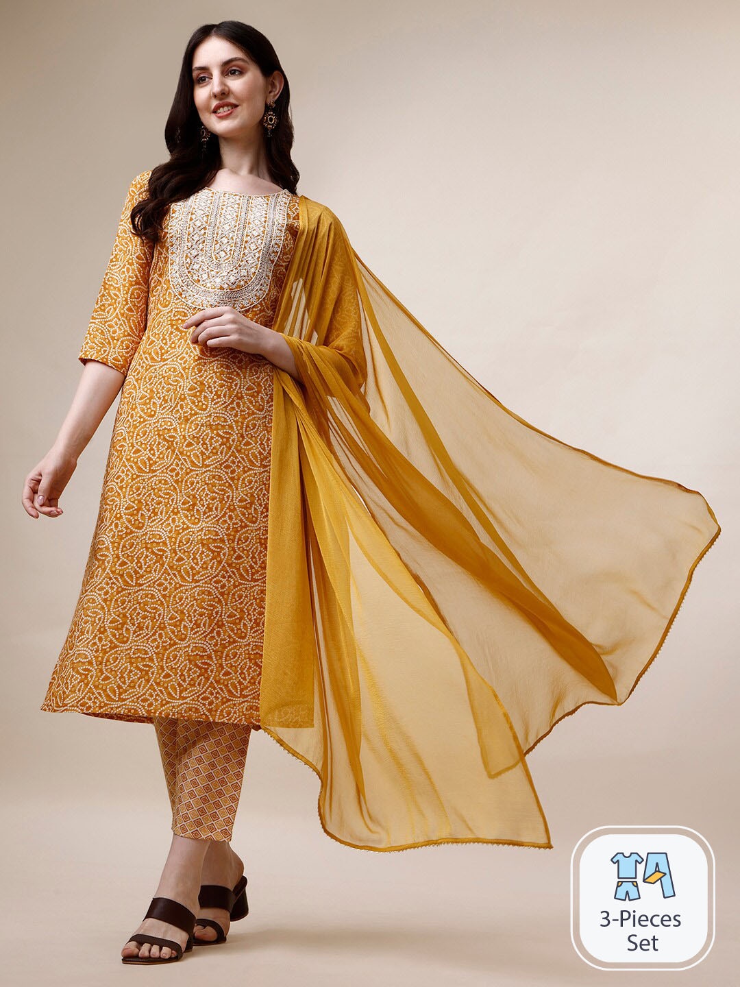 

KALINI Bandhani Printed Regular Thread Work Kurta & Trousers With Dupatta, Mustard