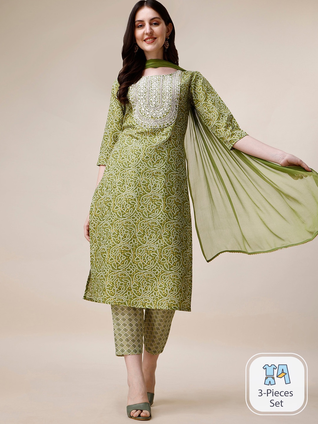 

KALINI Bandhani Printed Thread Work Kurta With Trousers & Dupatta, Green