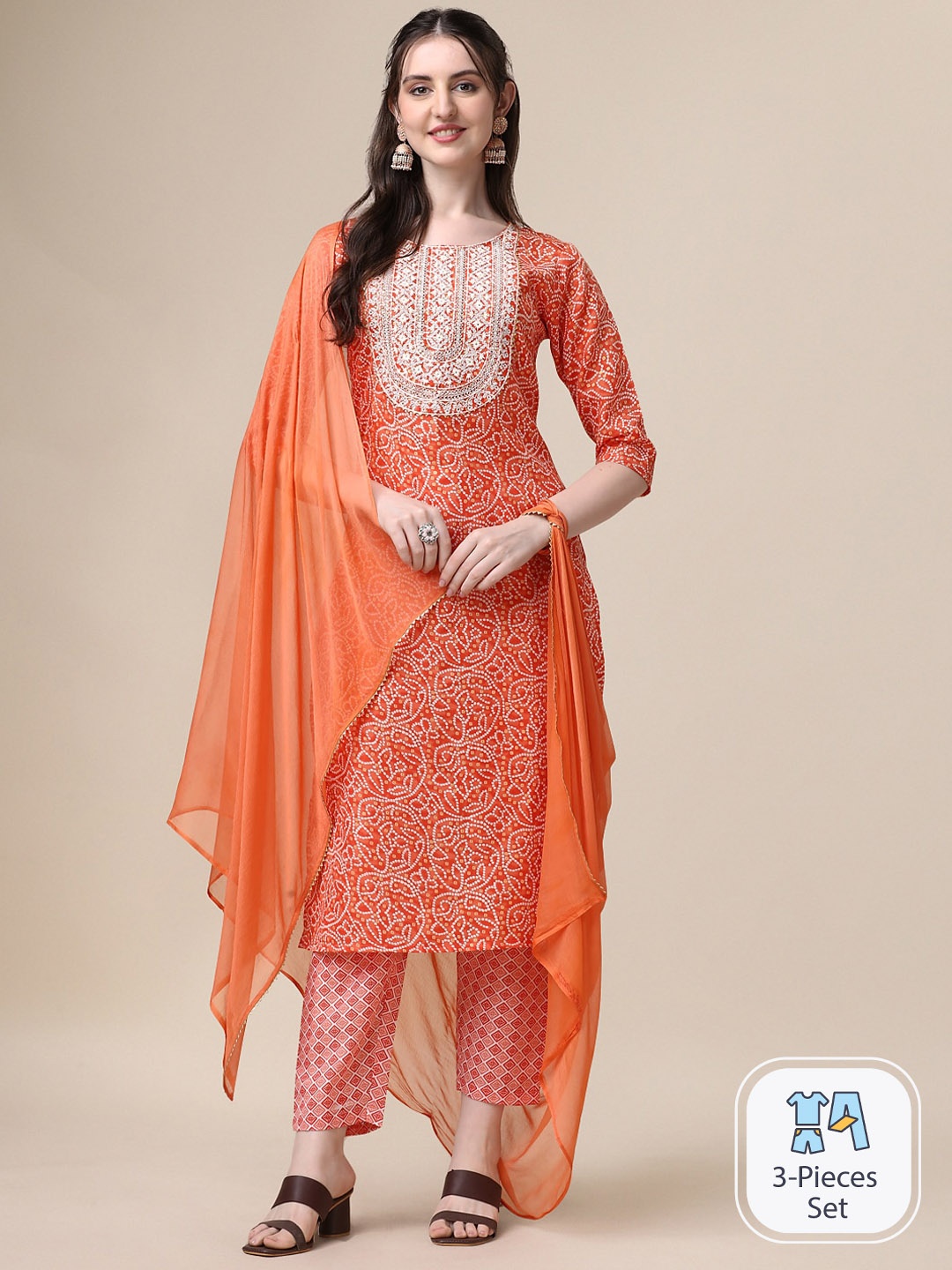 

KALINI Bandhani Printed Thread Work Kurta With Trousers & Dupatta, Orange