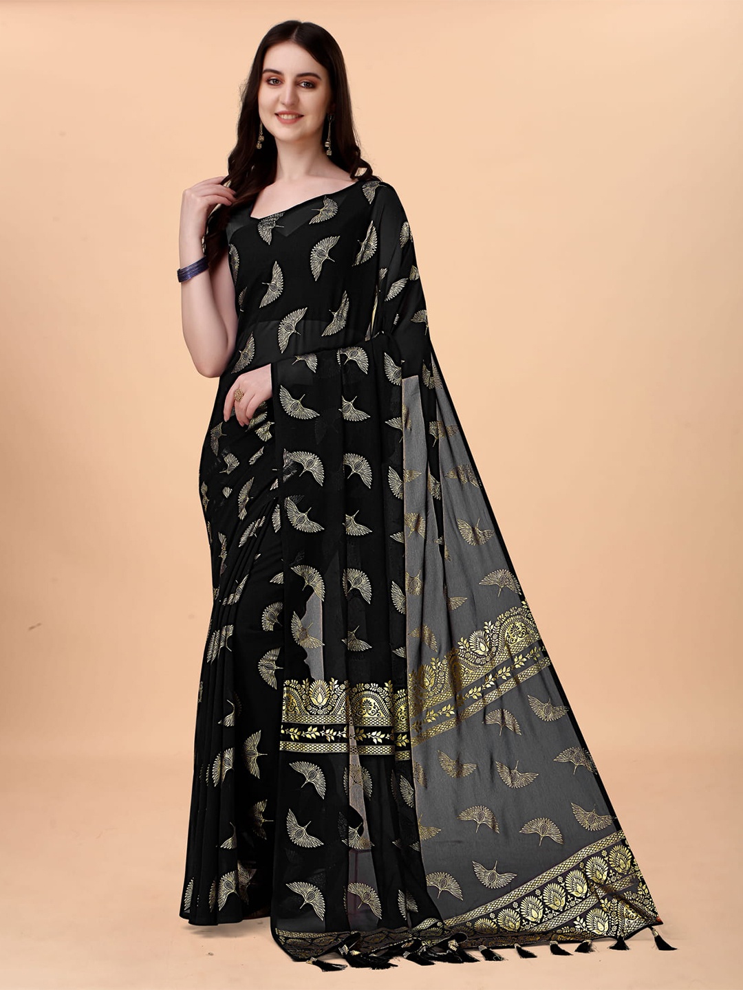 

KALINI Ethnic Motifs Printed Jamdani Saree, Black