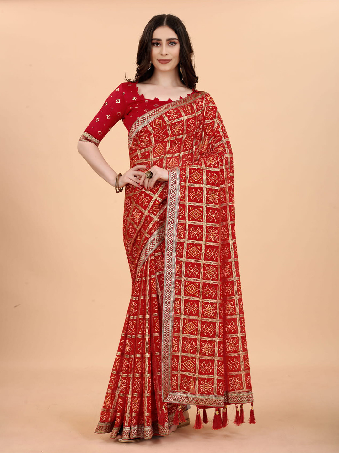 

KALINI Printed Zari Bandhani Saree, Red