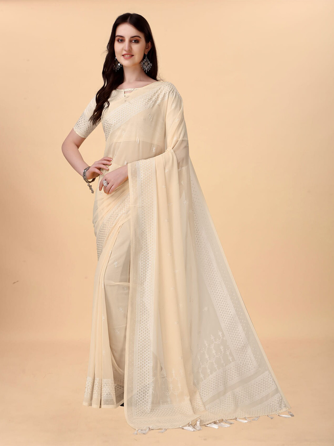 

KALINI Ethnic Motifs Woven Design Zari Silk Cotton Saree, Cream