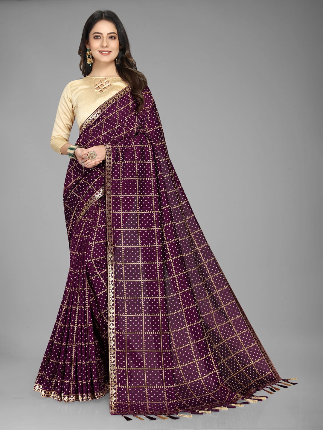 

KALINI Printed Embroidered Bandhani Saree, Purple
