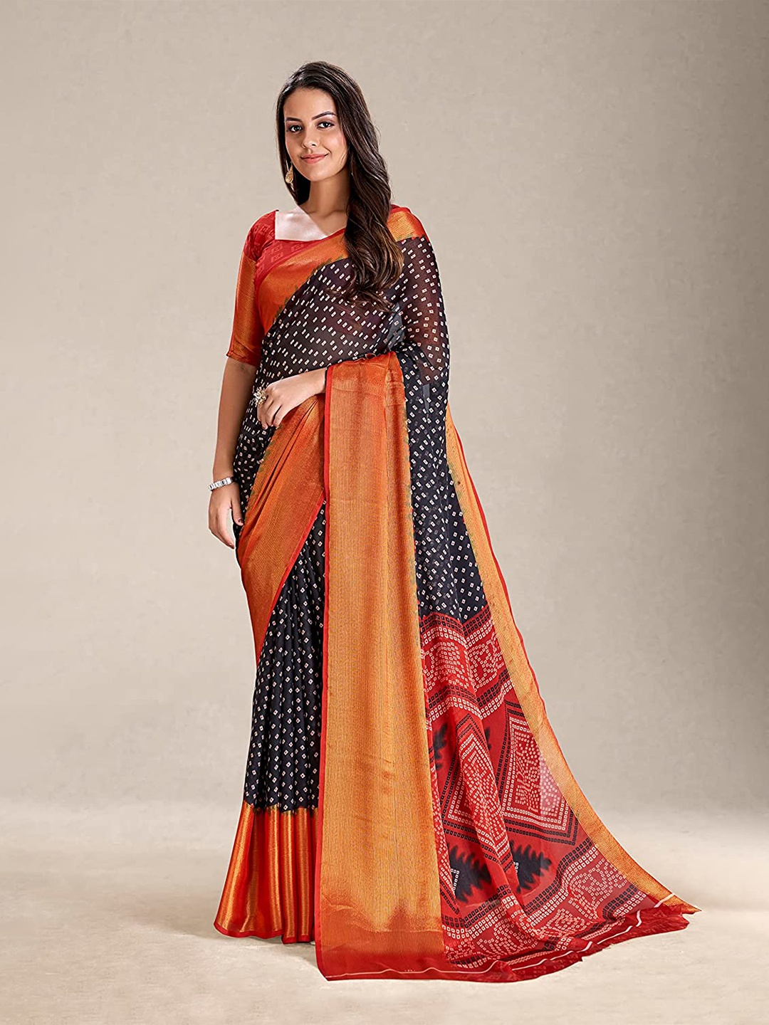 

KALINI Bandhani Printed Zari Bandhani Saree, Black