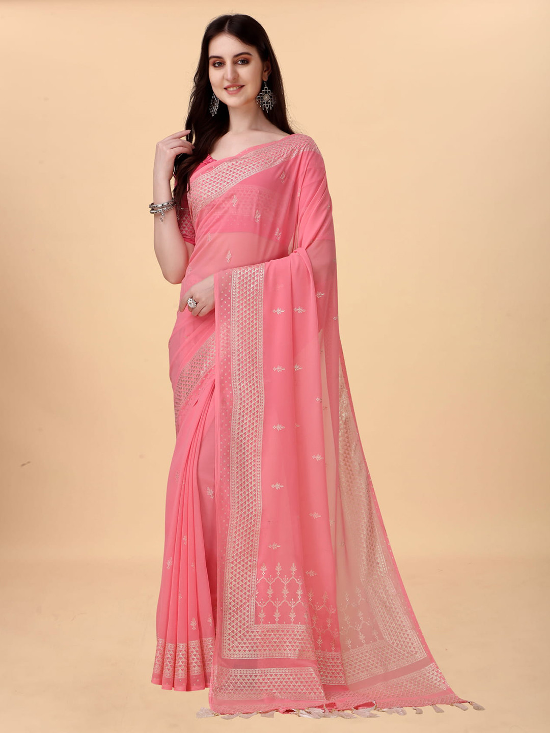 

KALINI Ethnic Motif Woven Design Zari Silk Cotton Latkan Pallu Saree, Pink