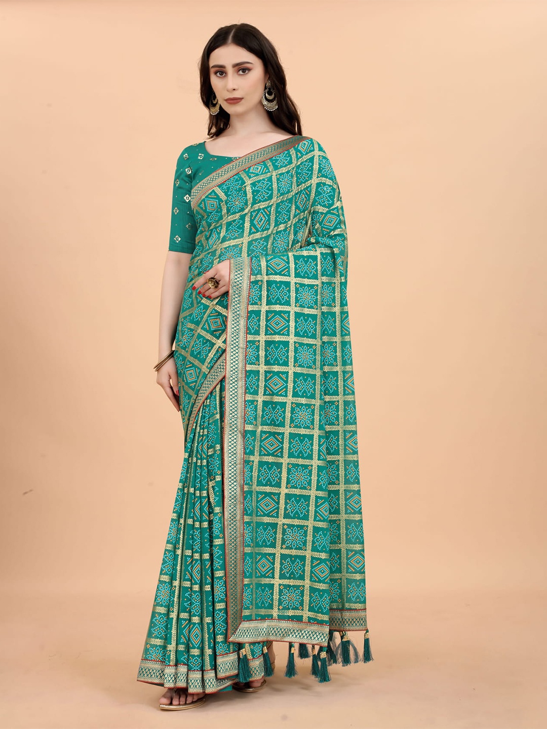 

KALINI Bandhani Printed Zari Bandhani Saree, Blue