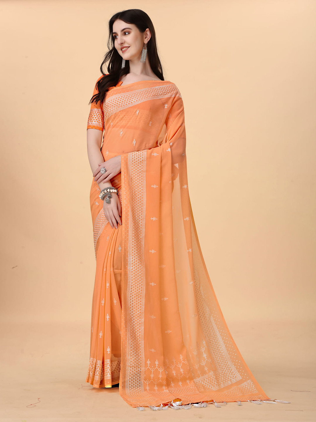 

KALINI Floral Woven Design Zari Silk Cotton Chanderi Saree, Orange