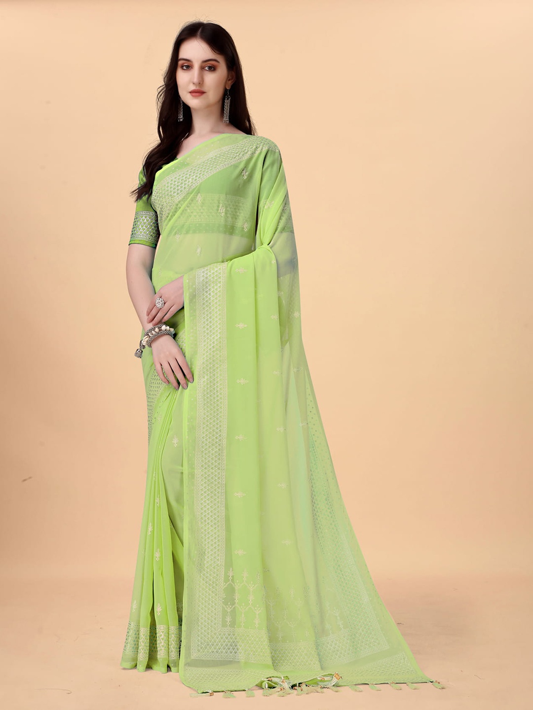 

KALINI Ethnic Motif Woven Design Zari Silk Cotton Latkan Pallu Saree, Green