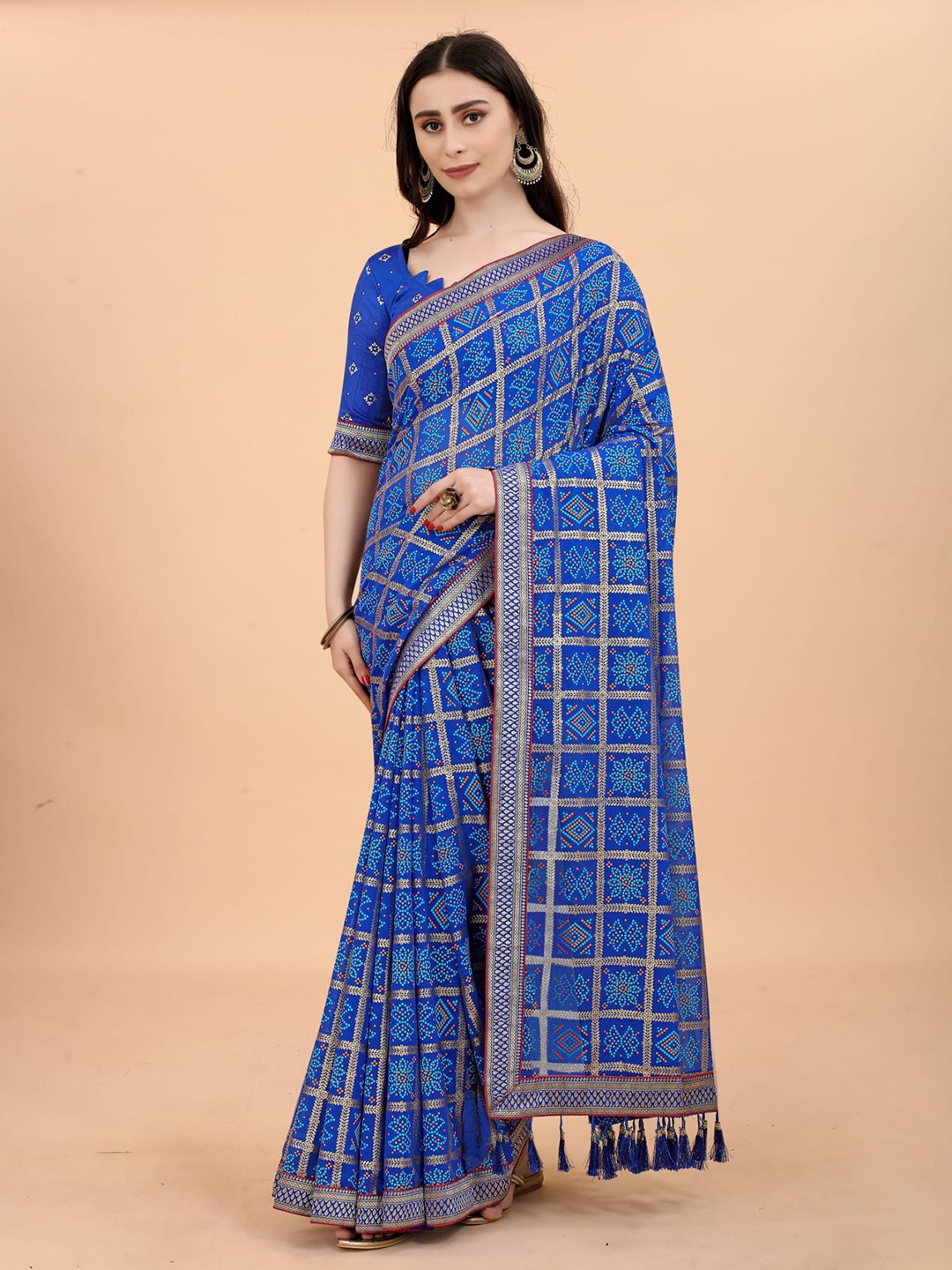 

KALINI Bandhani Printed Zari Saree, Blue