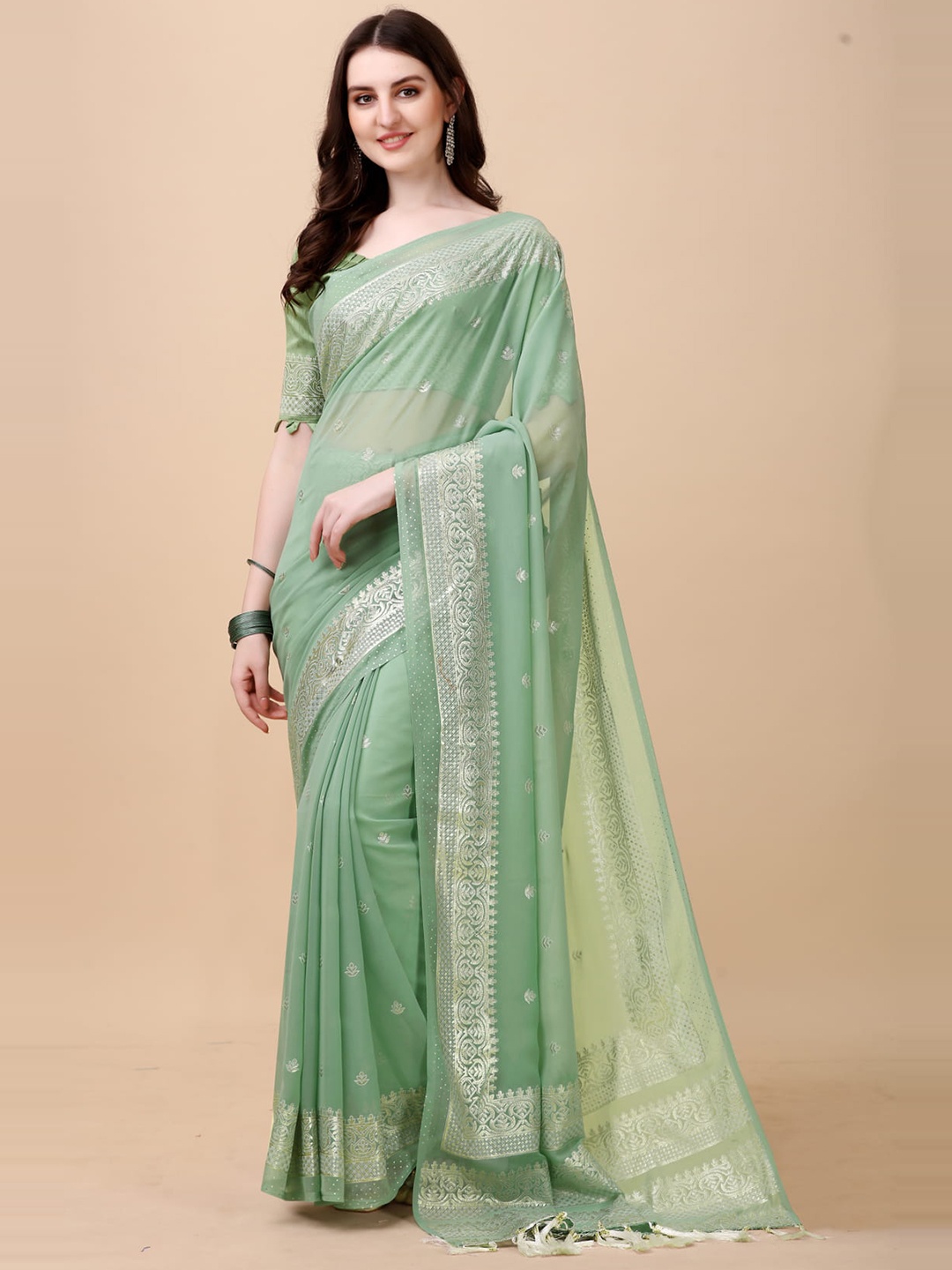 

KALINI Ethnic Motifs Woven Design Zari Silk Cotton Saree, Sea green