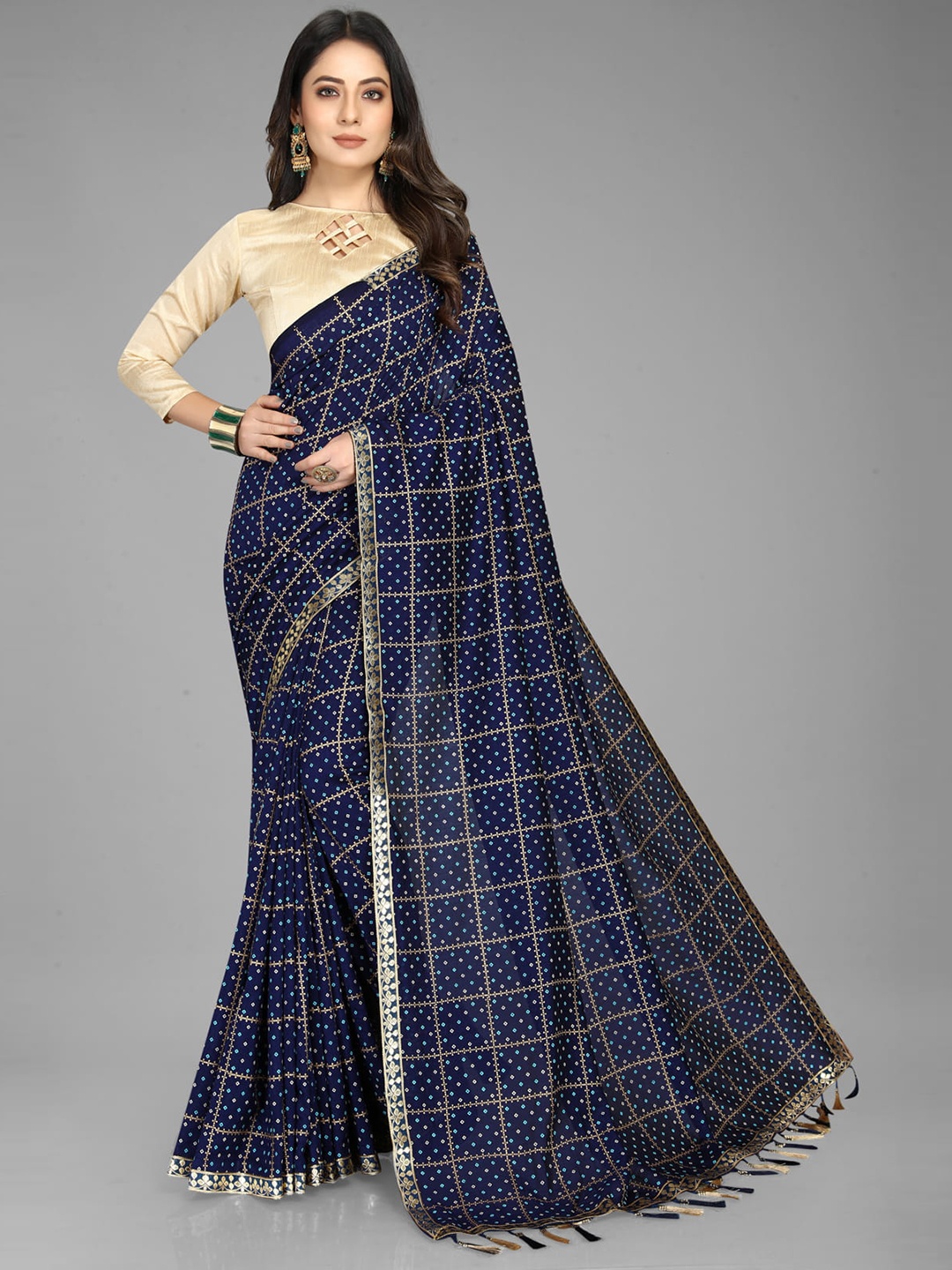 

KALINI Bandhani Zari Bandhani Saree, Navy blue