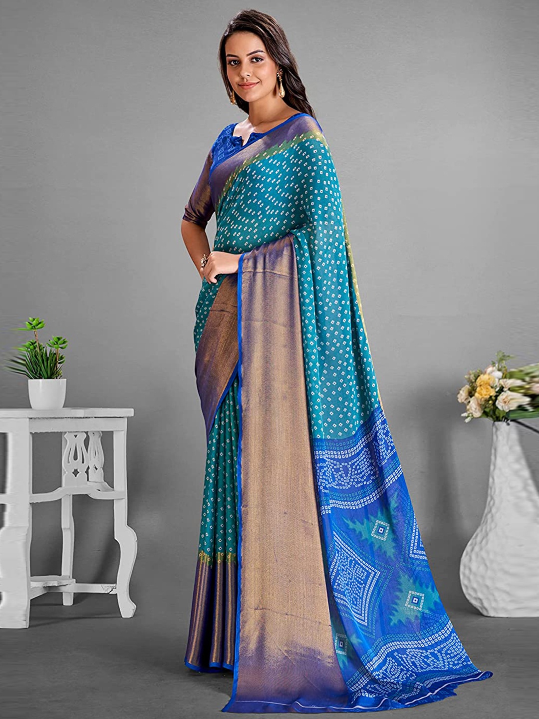 

KALINI Zari Bandhani Saree, Turquoise blue