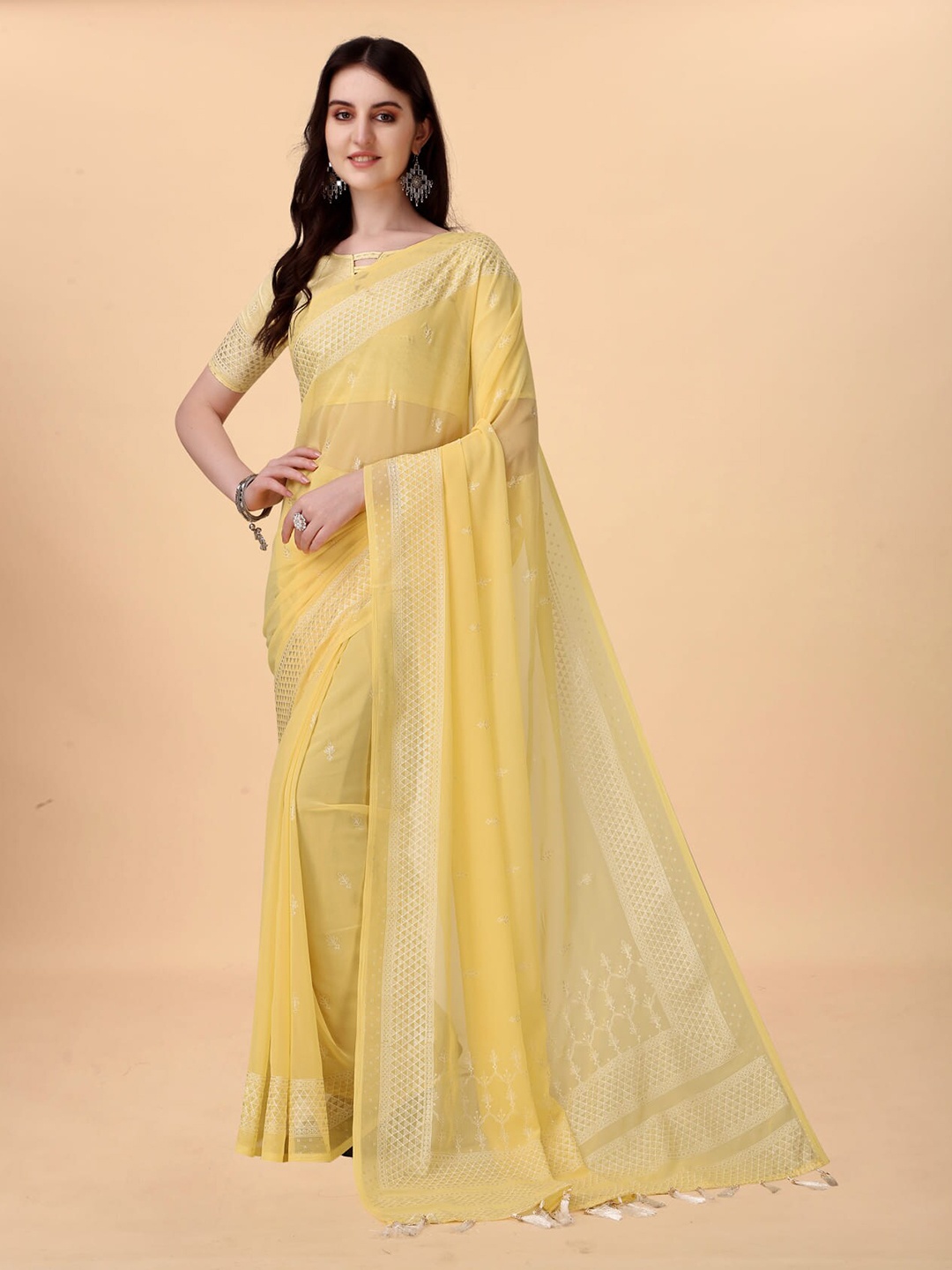 

KALINI Ethnic Motif Woven Design Zari Silk Cotton Latkan Pallu Saree, Yellow
