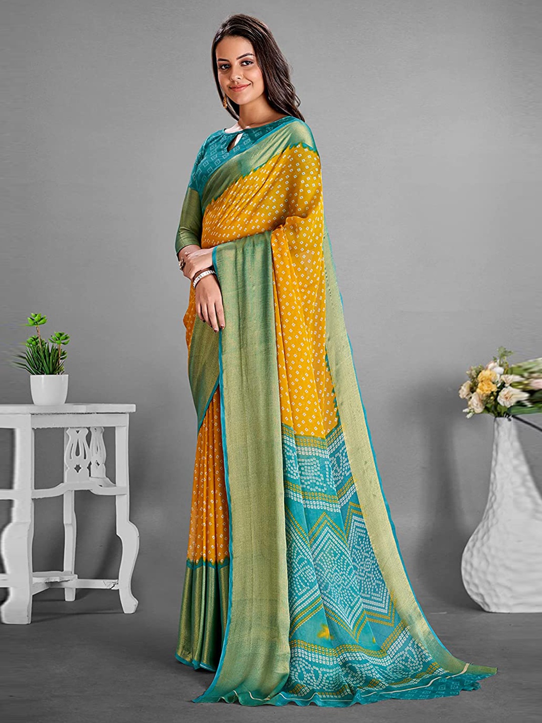 

KALINI Bandhani Printed Zari Saree, Yellow
