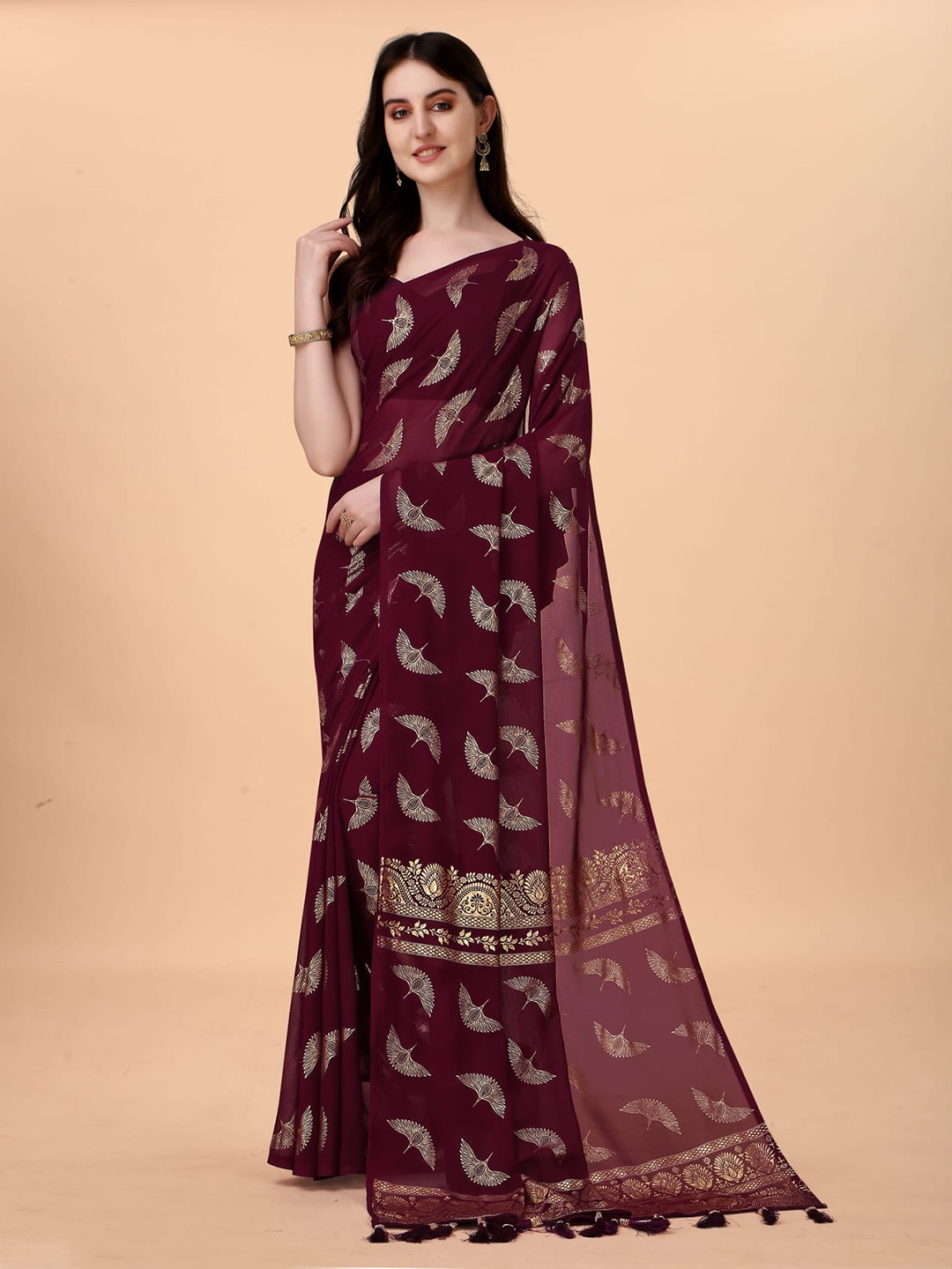 

KALINI Ethnic Motifs Printed Zari Jamdani Saree, Purple