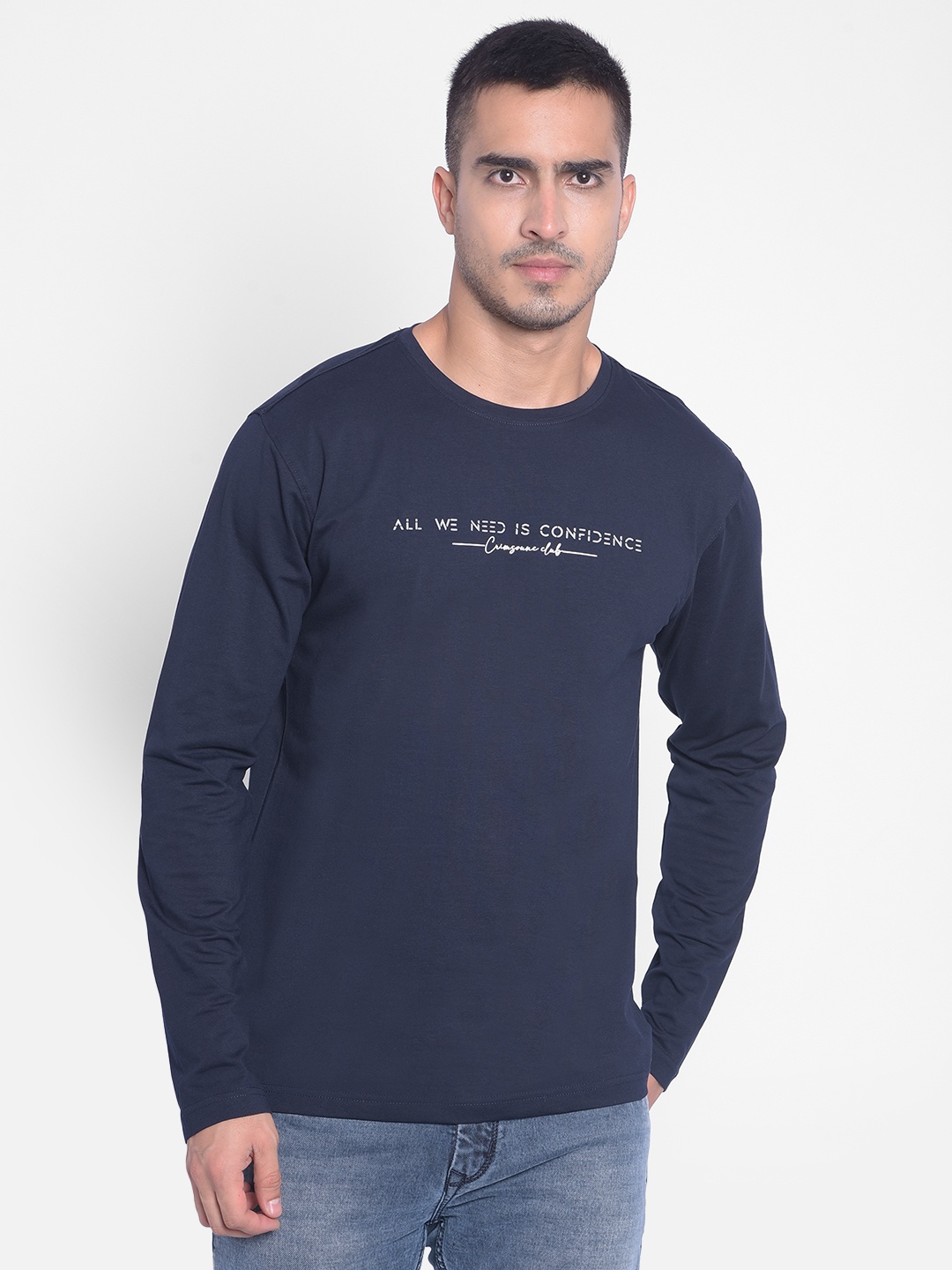 

Crimsoune Club Typography Printed Round Neck Long Sleeve Slim Fit T-shirt, Navy blue