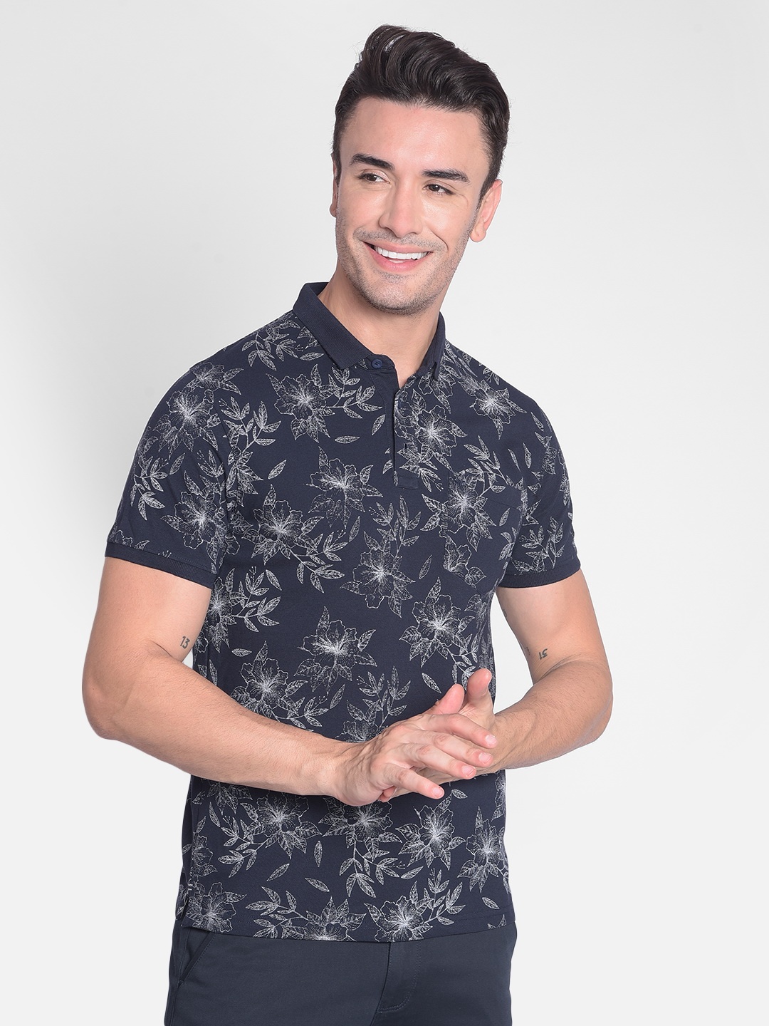 

Crimsoune Club Floral Printed Polo Collar Slim Fit T-shirt, Navy blue