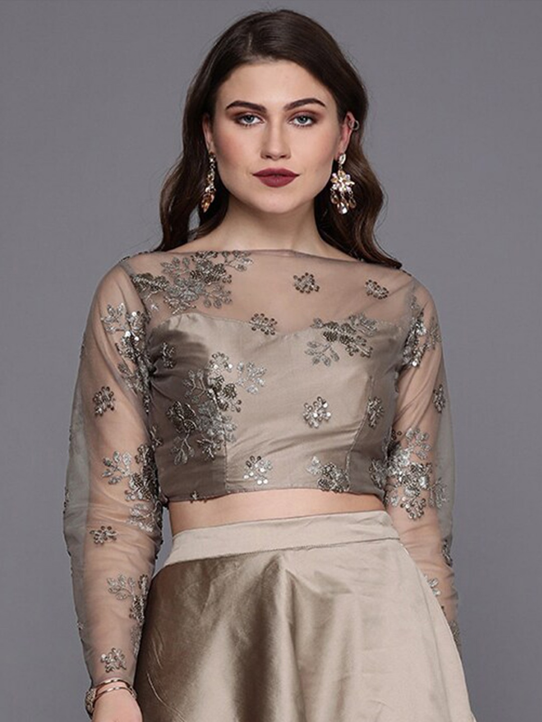 

Ethnovog Embroidered Boat Neck Ready To Wear Saree Blouse, Grey
