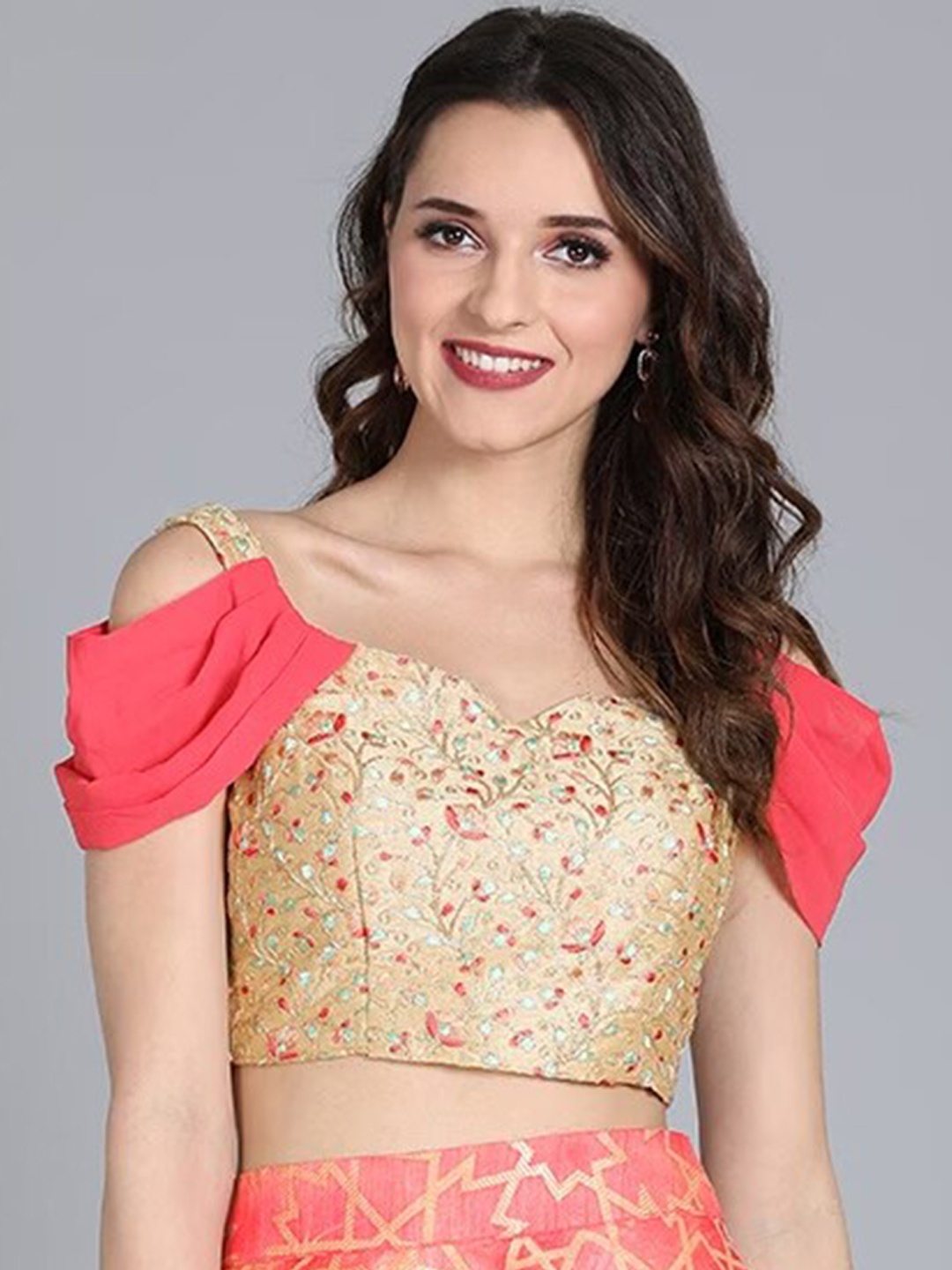 

Ethnovog Embroidered Saree Blouse With Cowl Style Sleeve, Beige