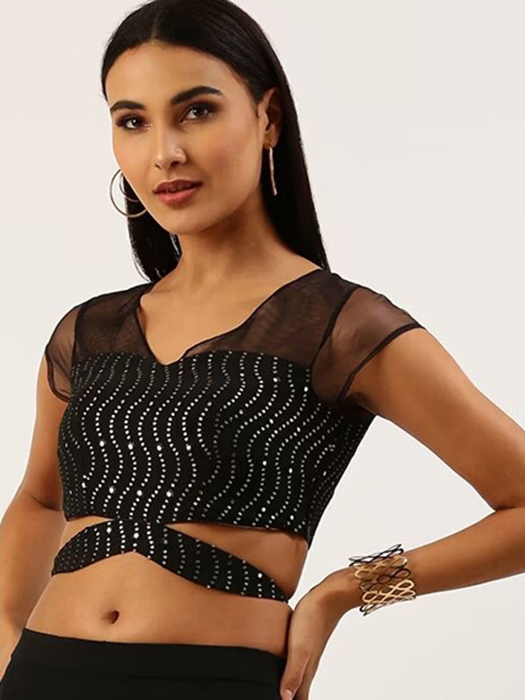 

Ethnovog Sequins Embroidered Silk Saree Blouse, Black