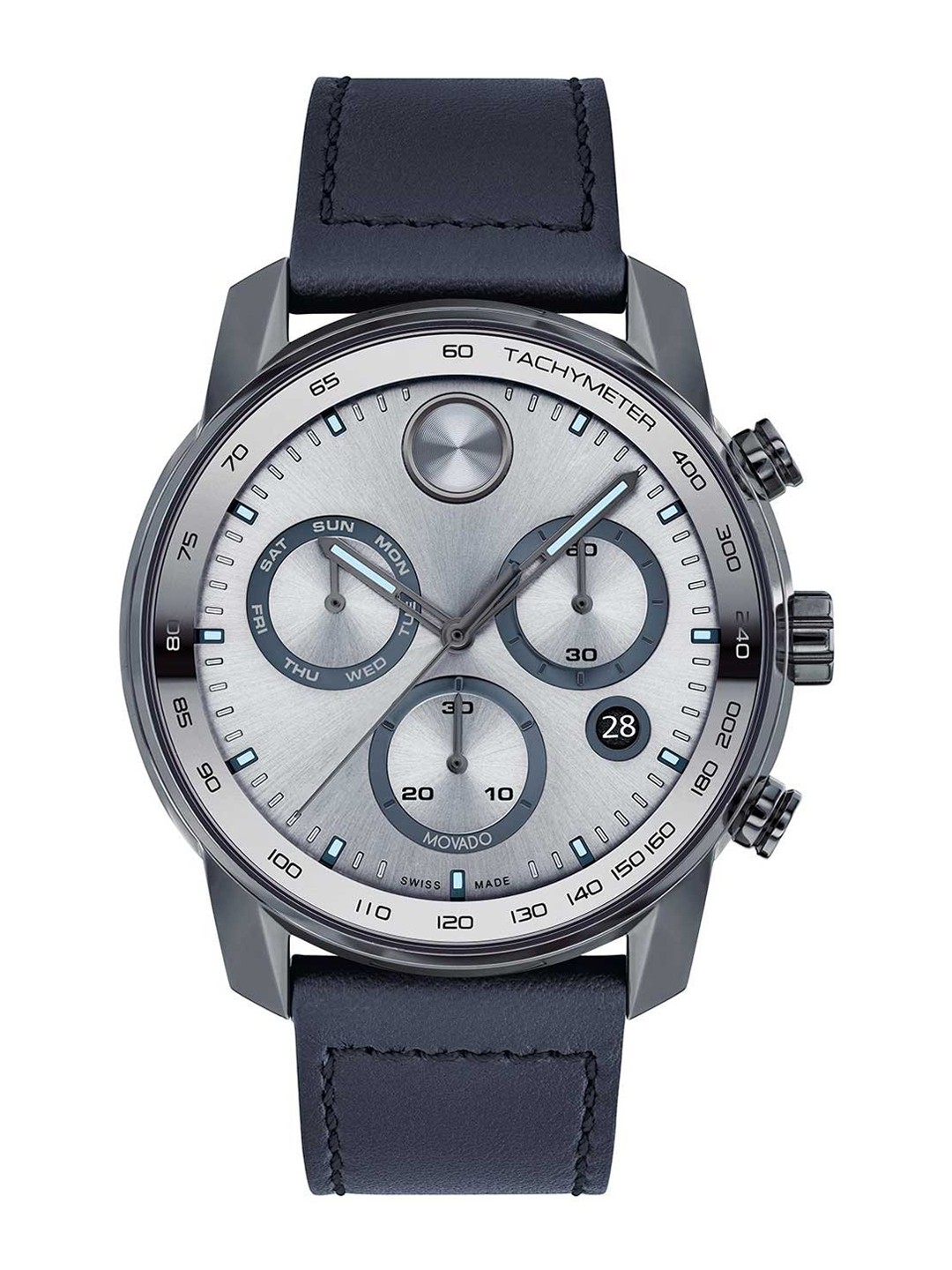 

MOVADO Men Embellished Dial & Leather Textured Straps Analogue Chronograph Watch 3600909, Grey