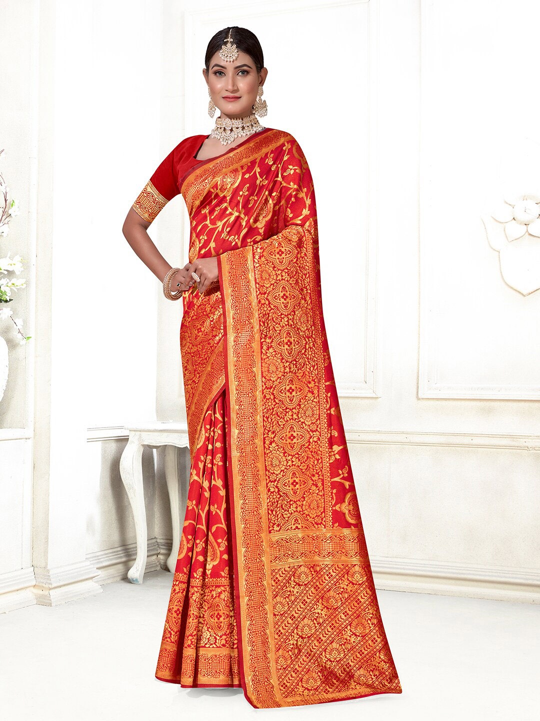 

Anouk Red & Gold-Toned Ethnic Motifs Woven Design Zari Banarasi Saree