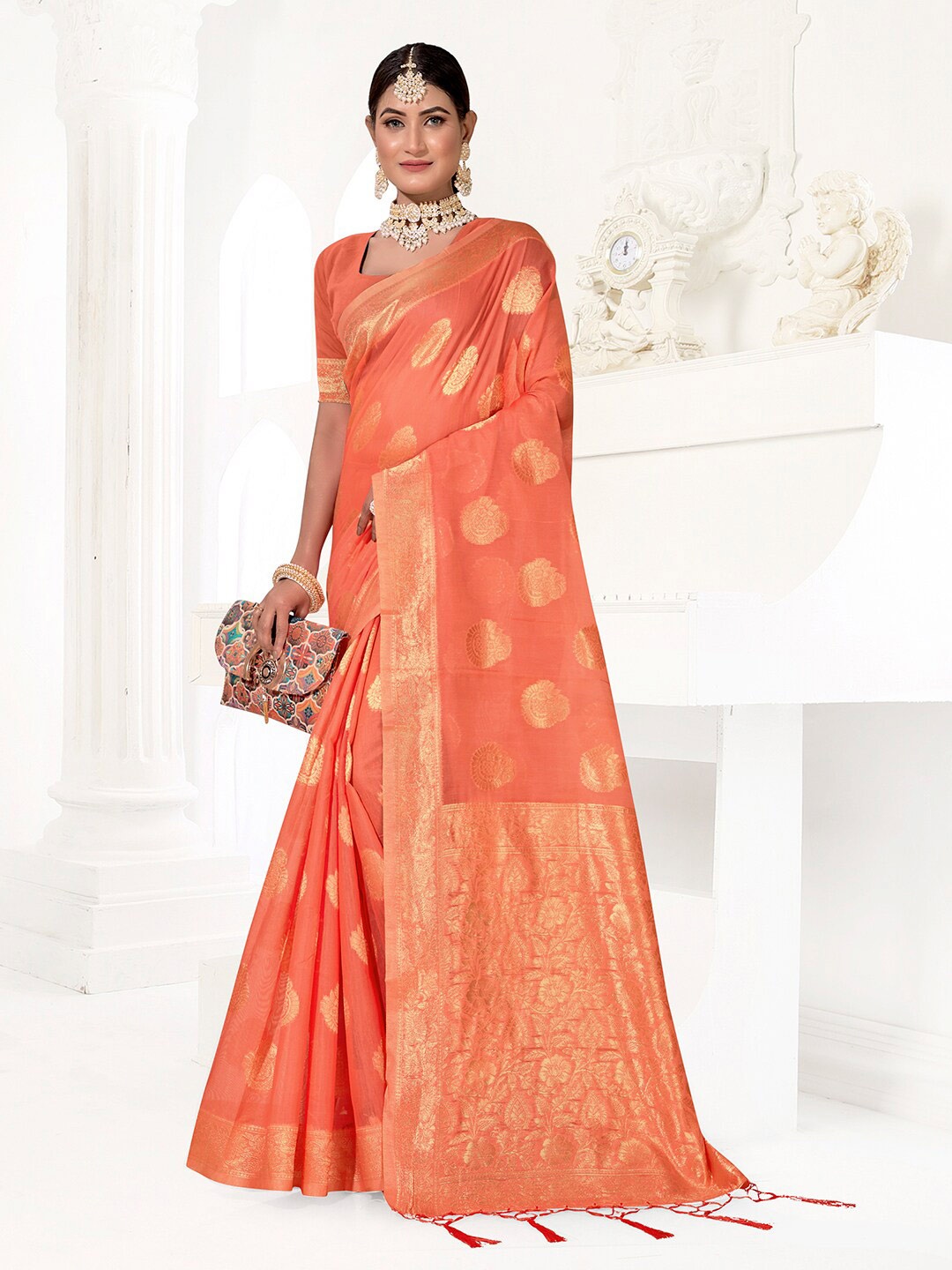 

Anouk Pink & Gold-Toned Ethnic Motifs Woven Design Zari Pure Cotton Chanderi Saree