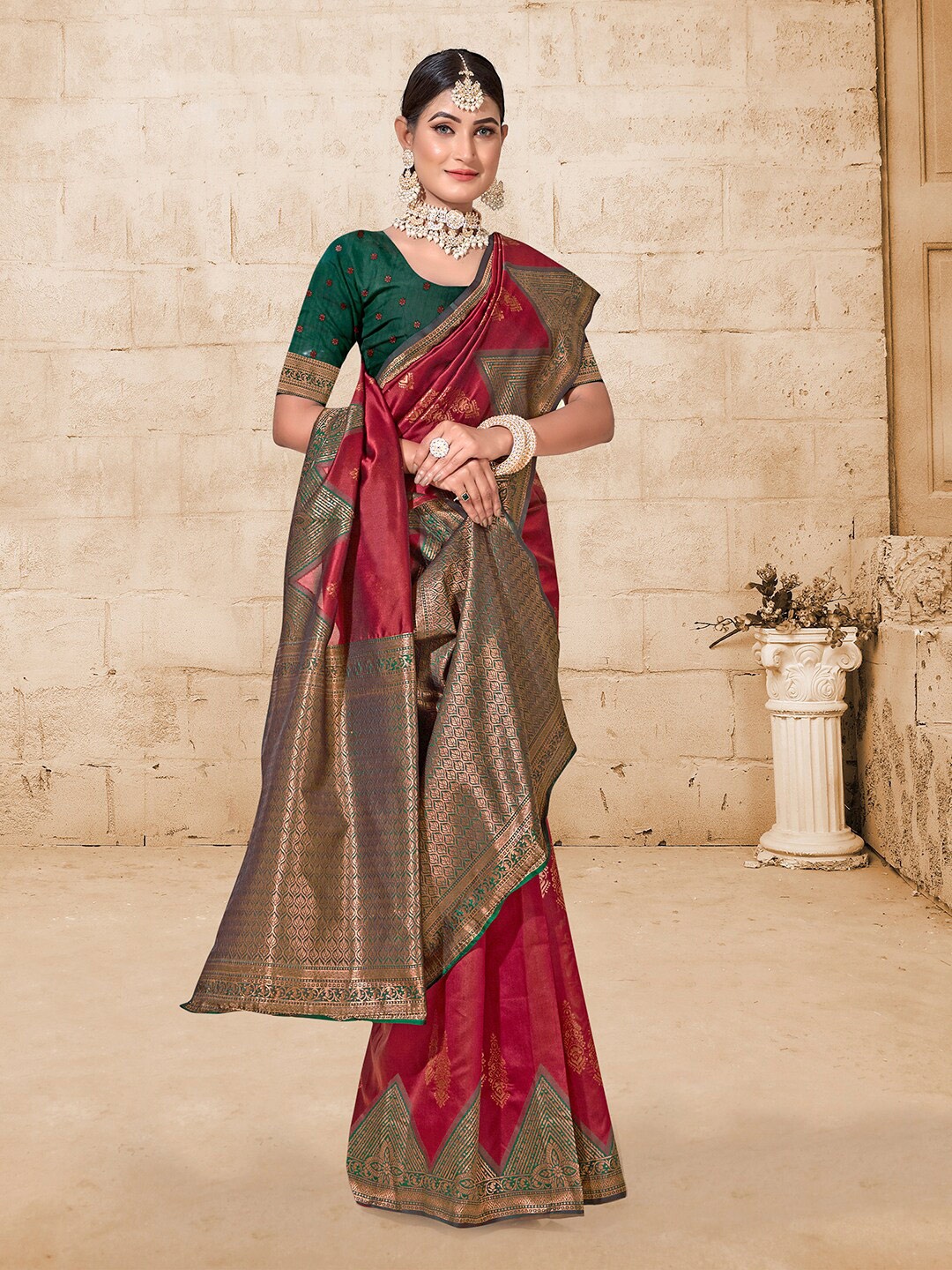 

Anouk Red & Green Ethnic Motifs Woven Design Zari Saree