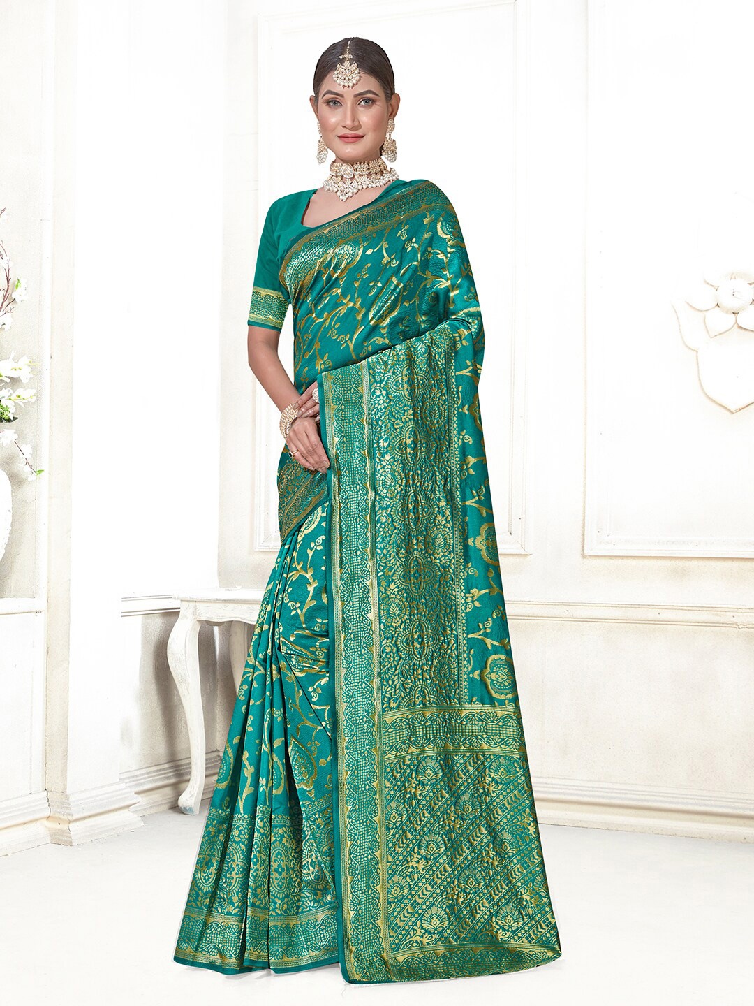 

Anouk Turquoise Blue & Green Ethnic Motifs Woven Design Zari Banarasi Saree