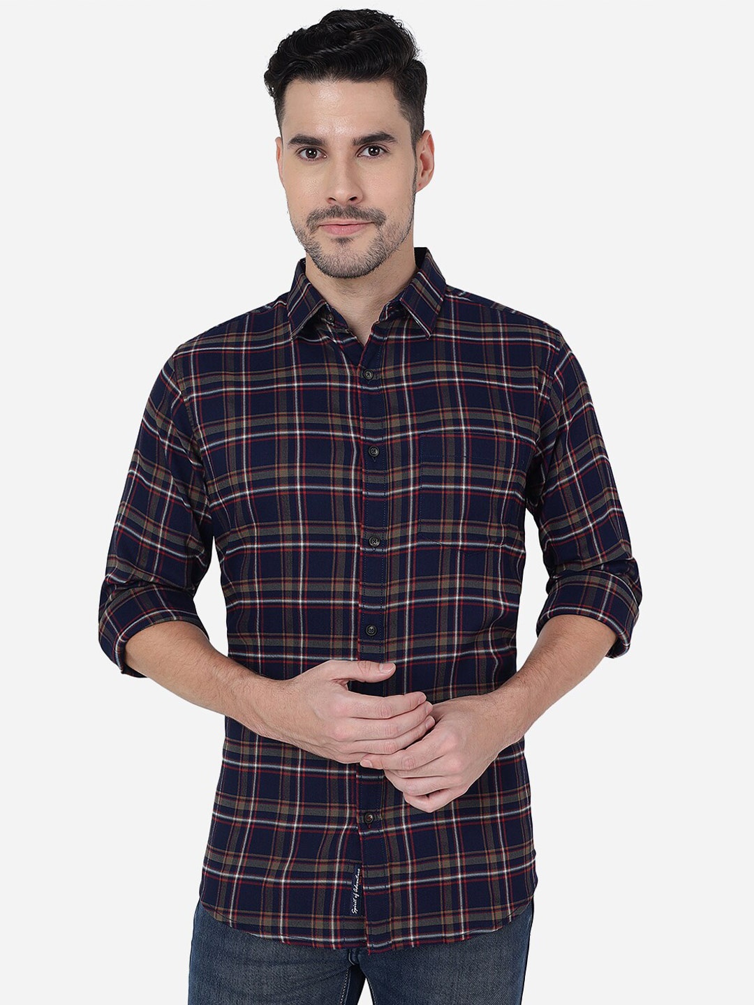 

JADE BLUE Tartan Checked Pure Cotton Slim Fit Casual Shirt, Navy blue