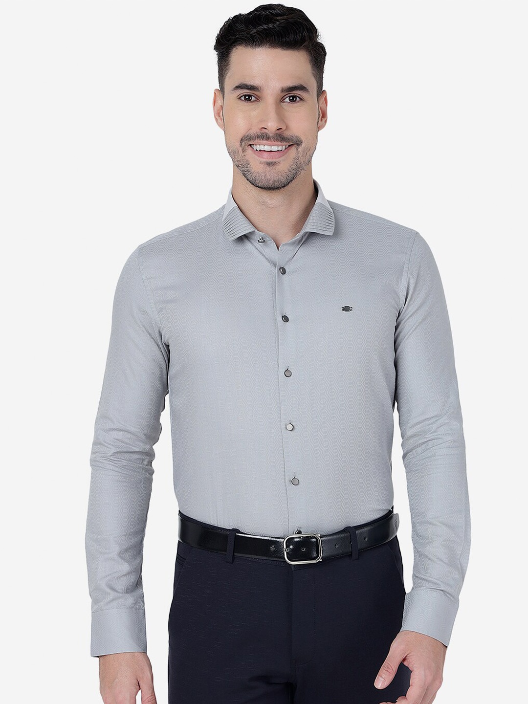 

JB STUDIO Slim Fit Geometric Self Design Pure Cotton Formal Shirt, Grey