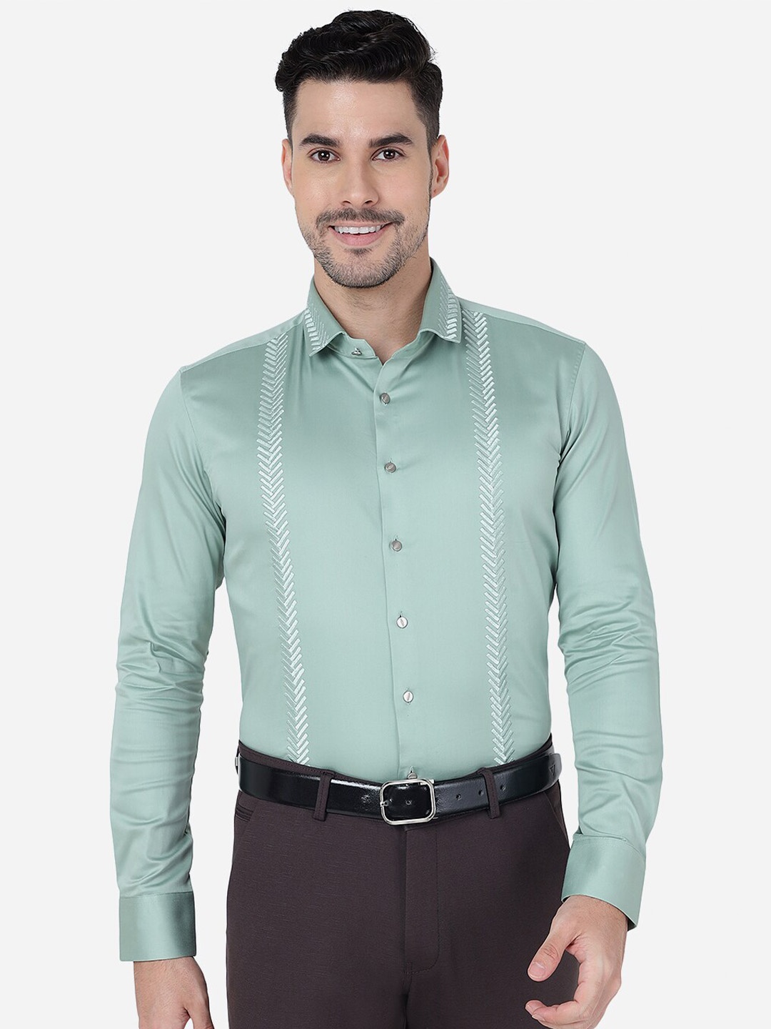 

JB STUDIO Embroidered Spread Collar Pure Cotton Slim Fit Formal Shirt, Green