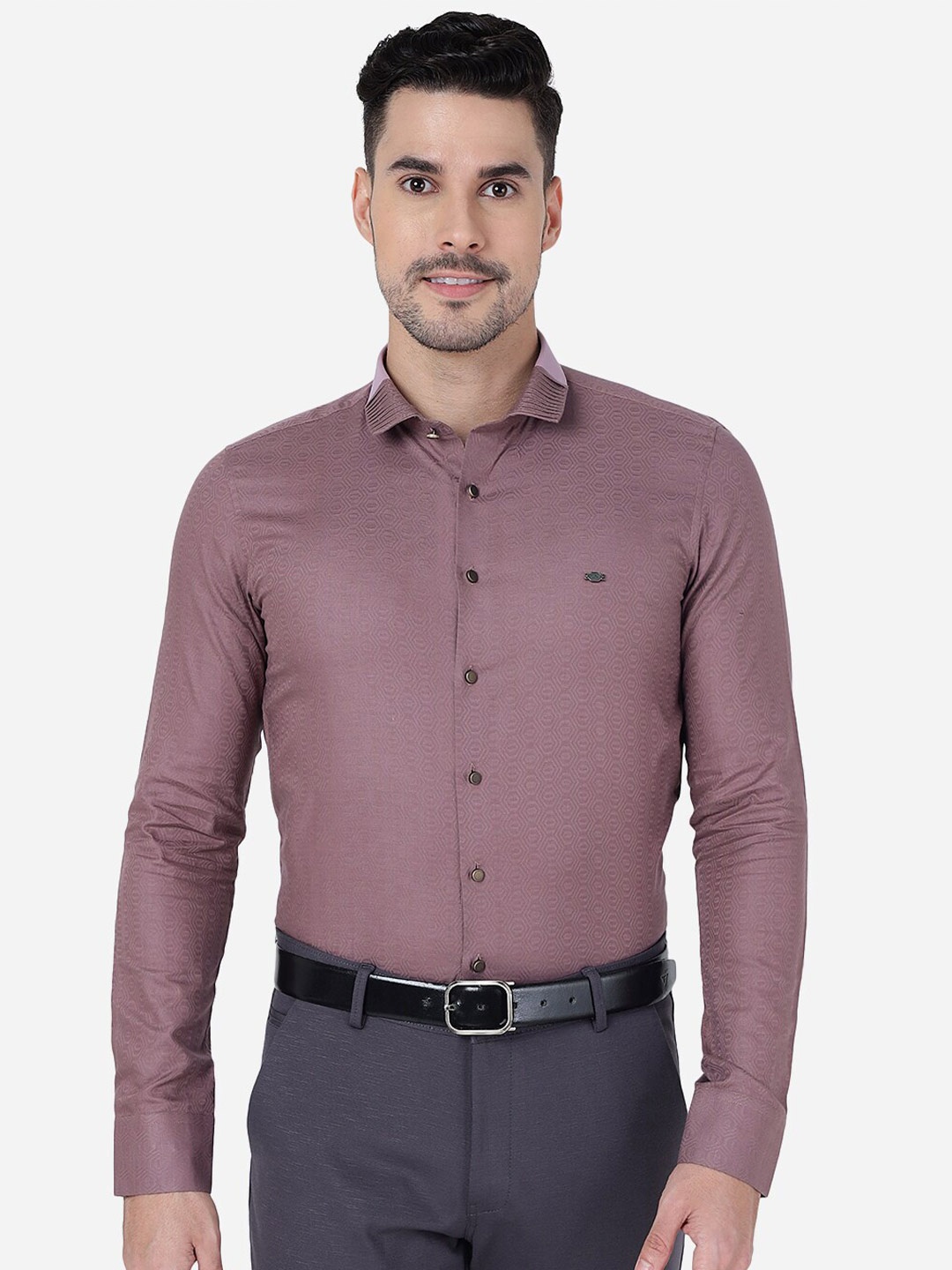 

JB STUDIO Slim Fit Geometric Self Design Pure Cotton Formal Shirt, Pink