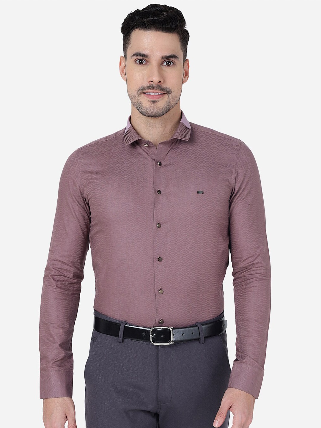

JB STUDIO Self Design Spread Collar Pure Cotton Slim Fit Party Shirt, Mauve