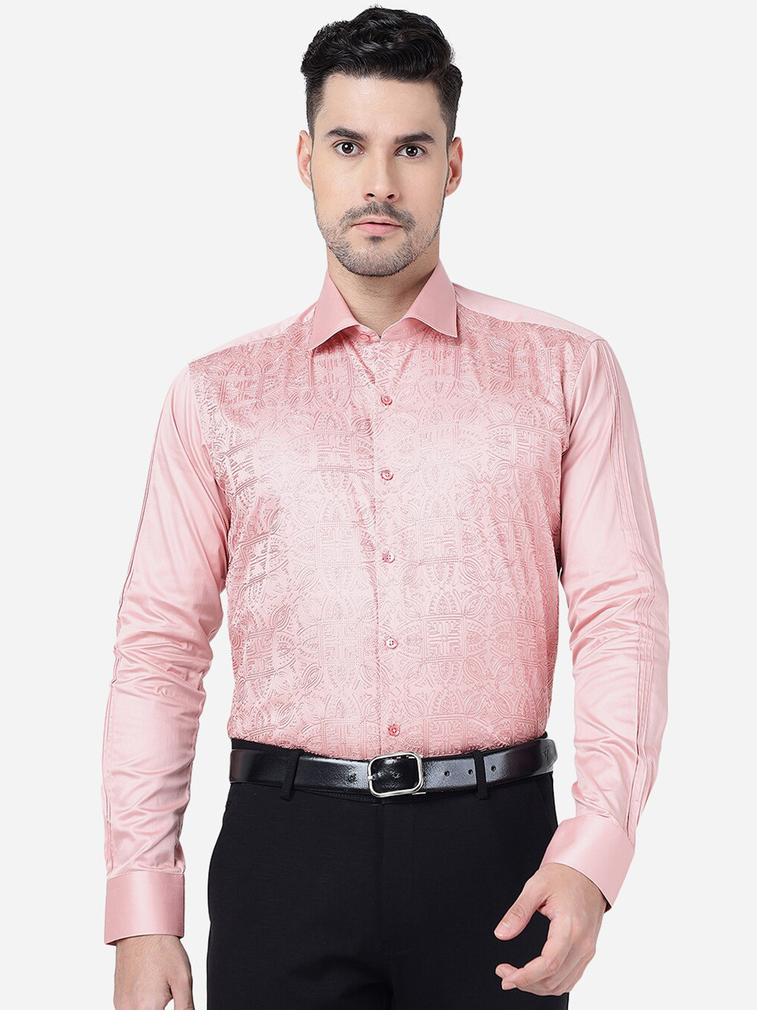 

JB STUDIO Slim Fit Embroidered Pure Cotton Party Shirt, Peach