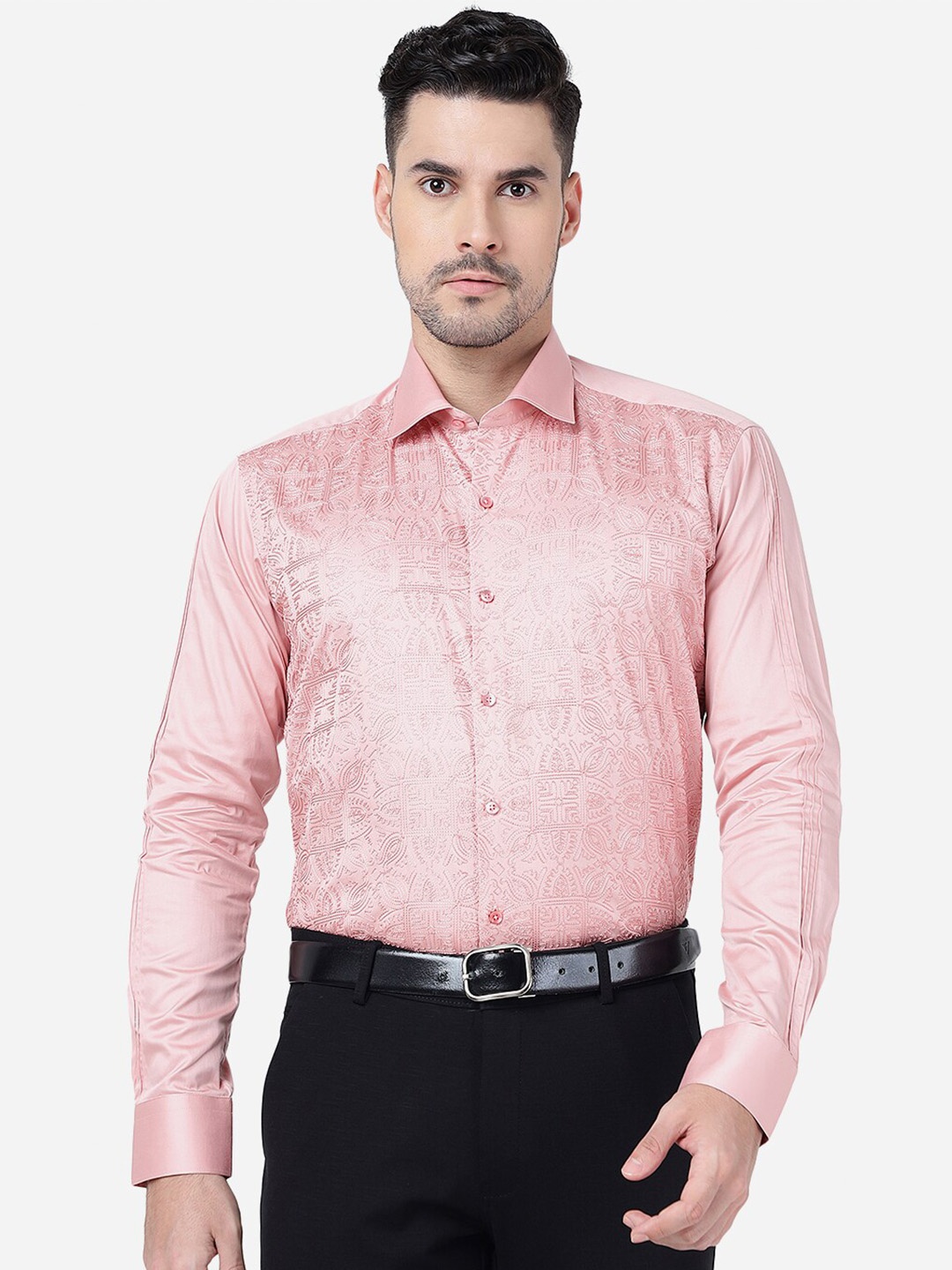 

JB STUDIO Embroidered Slim Fit Cotton Party Shirt, Peach