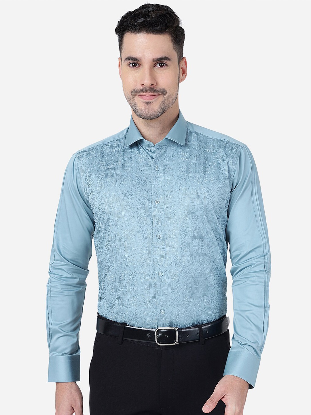 

JB STUDIO Embroidered Slim Fit Cotton Party Shirt, Blue