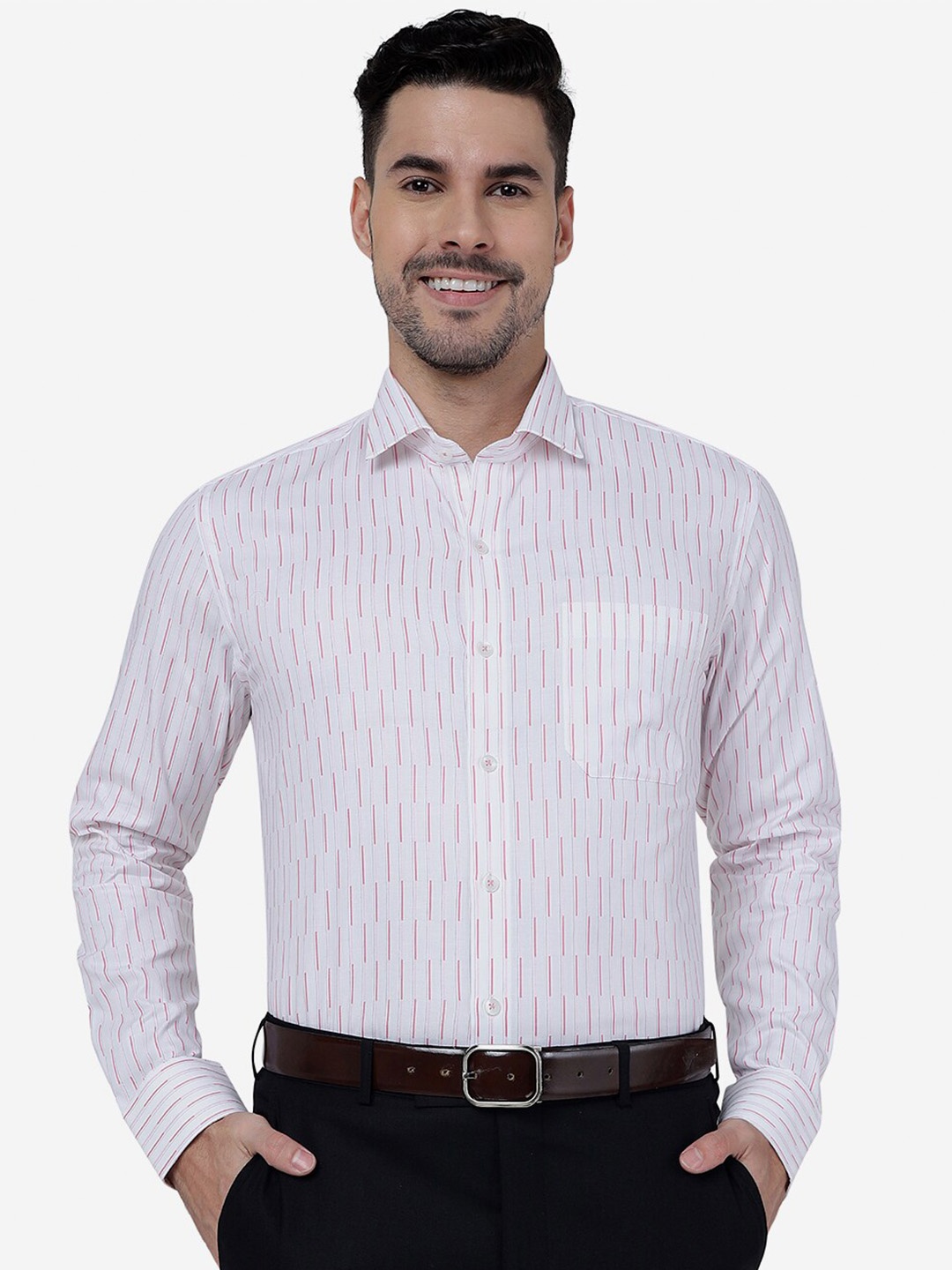 

METAL Vertical Striped Slim Fit Pure Cotton Formal Shirt, White